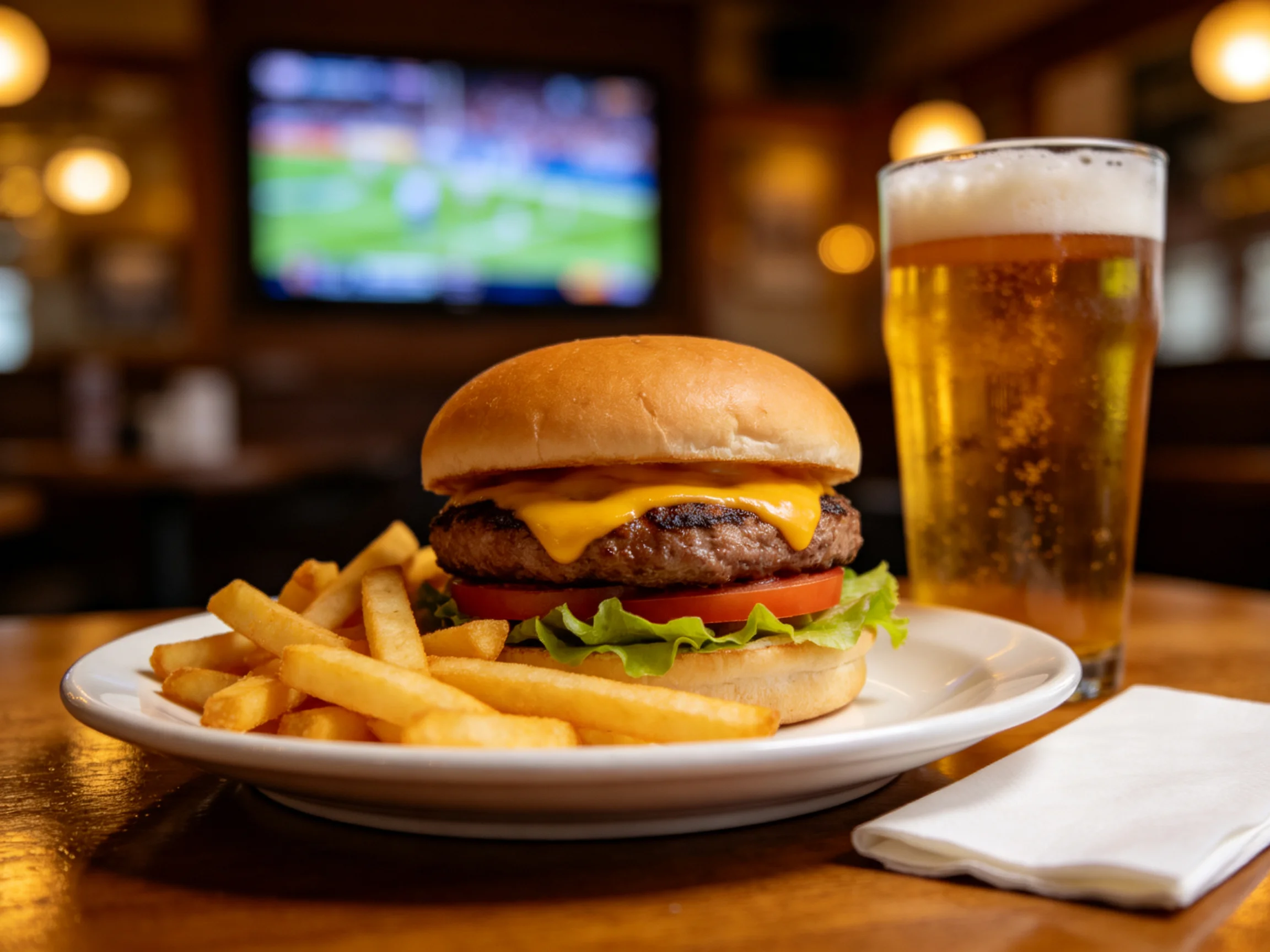 Cheeseburger, French fries, and beer on a wooden table near a television