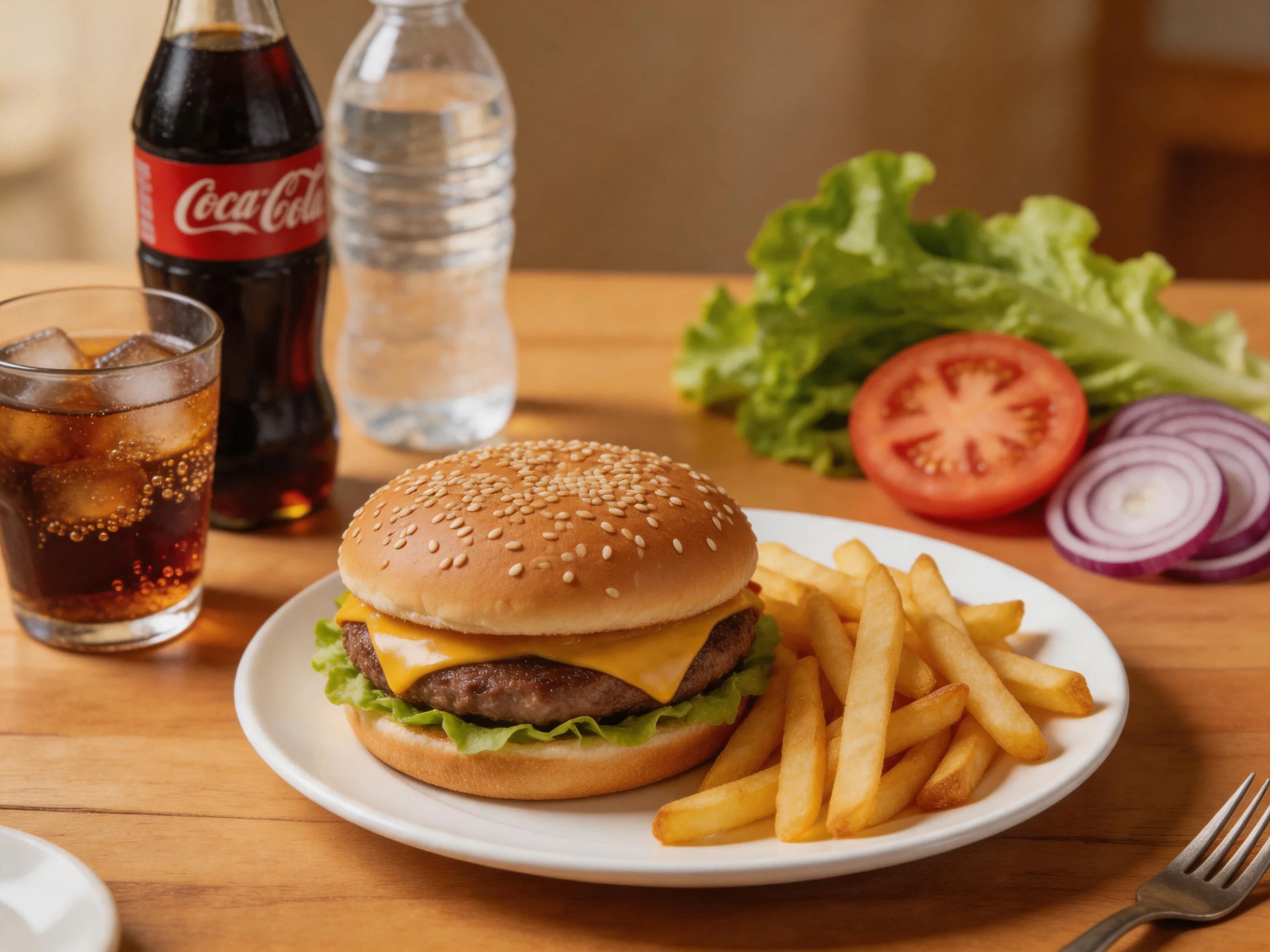 Cheeseburger, French fries, and beverages with fresh veggies on a wooden table