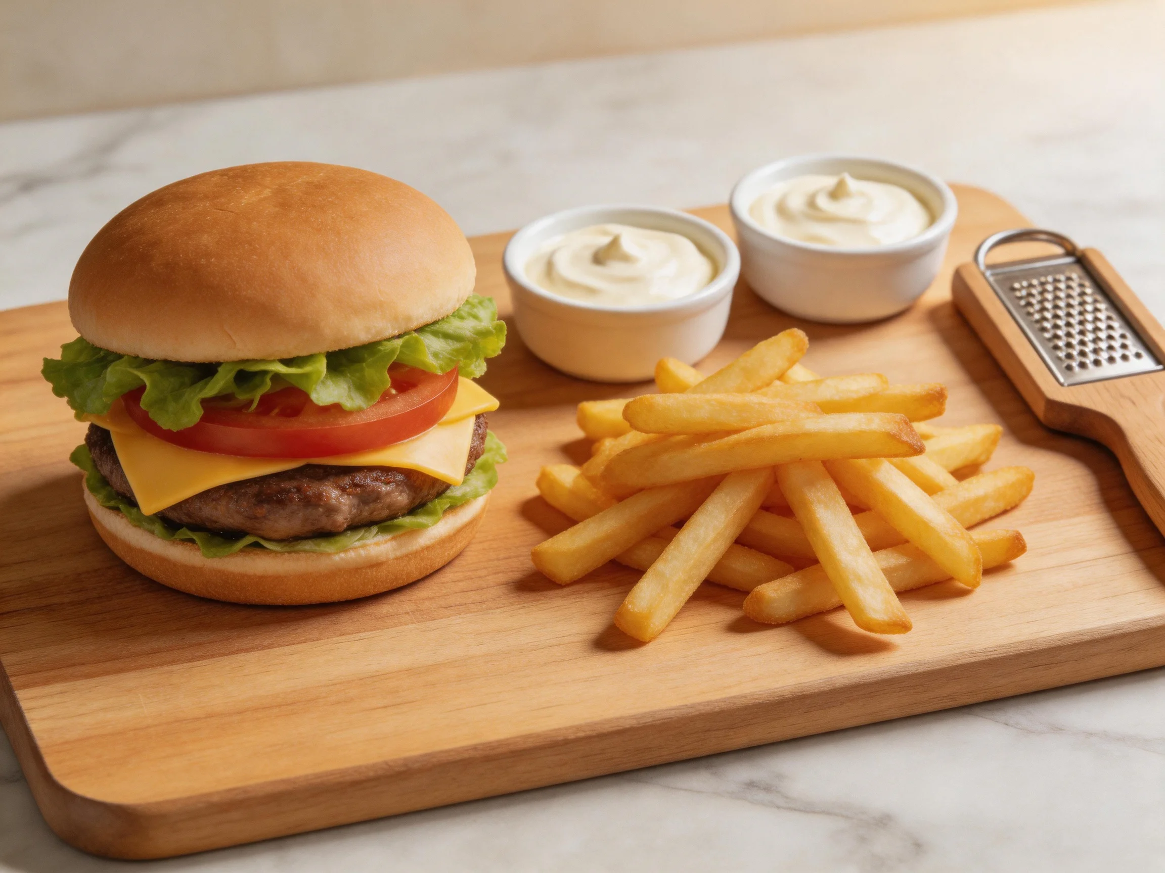 Cheeseburger, French fries, and dipping sauces on a wooden cutting board
