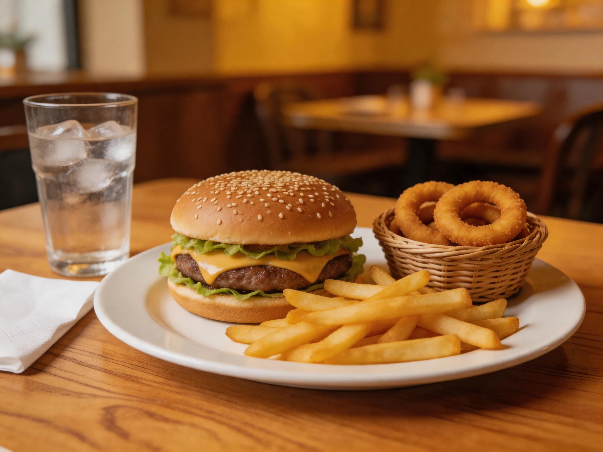 Cheeseburger, French fries, and onion rings served with ice water on a wooden table
