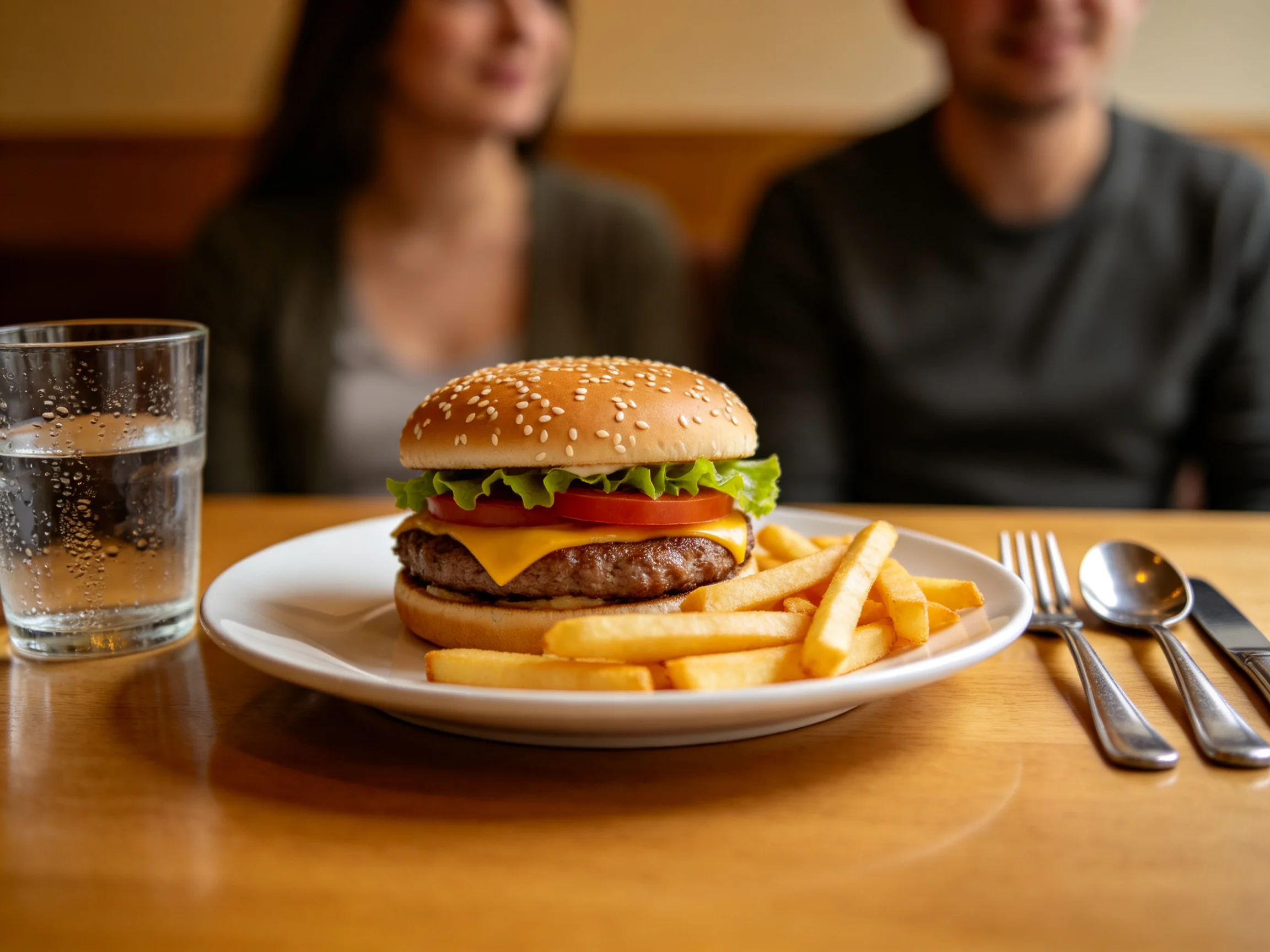 Cheeseburger, French fries, and water on a wooden table near diners