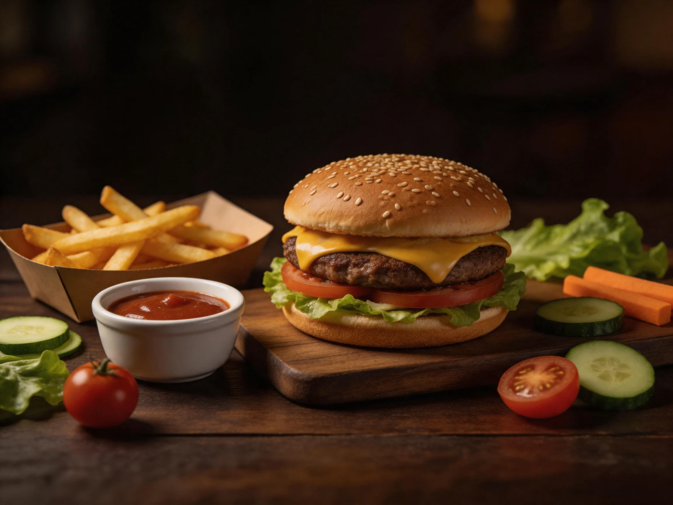 Cheeseburger, fries, and fresh veggies on a wooden table