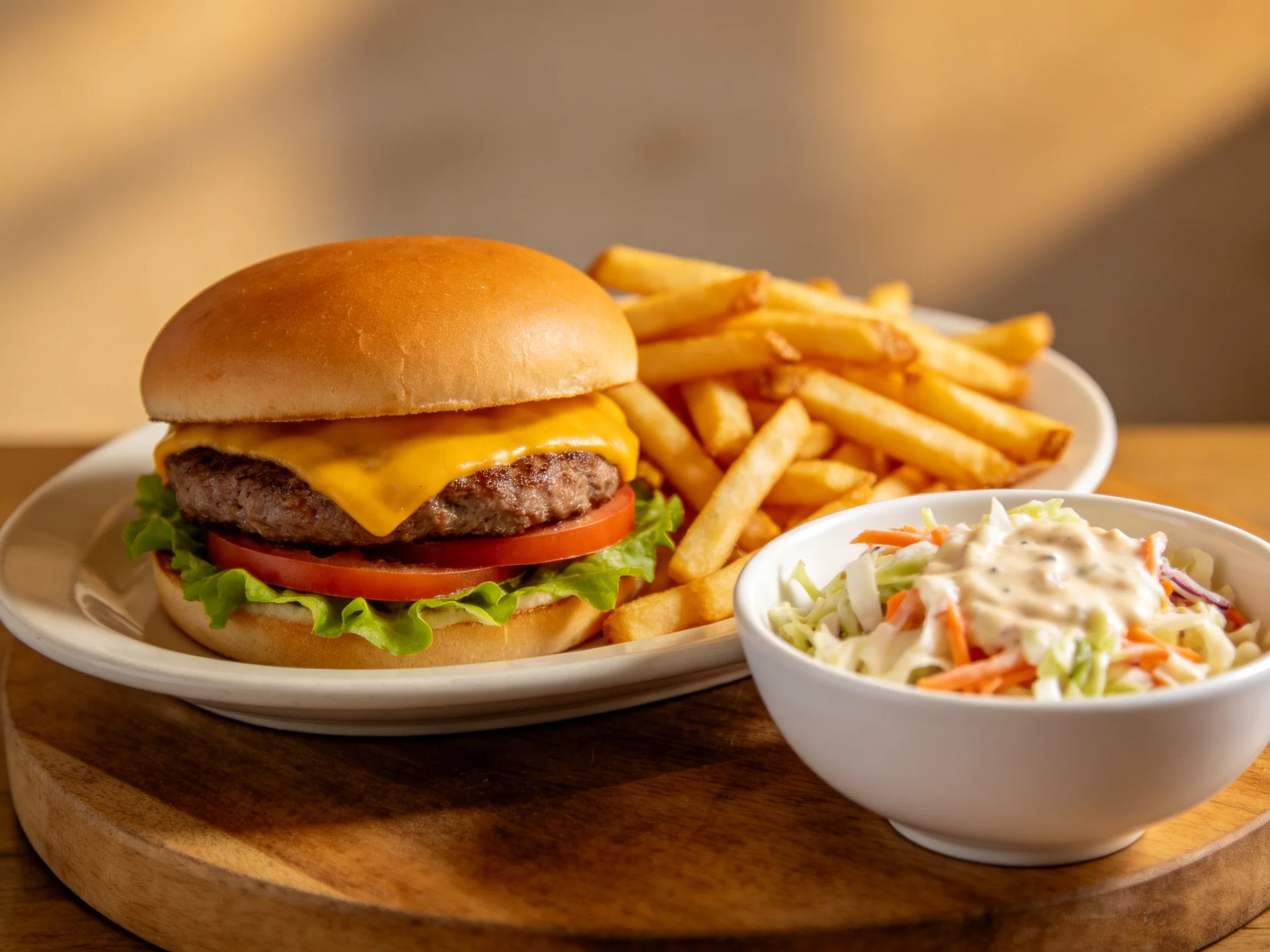 Cheeseburger, golden fries, and creamy coleslaw on a wooden platter