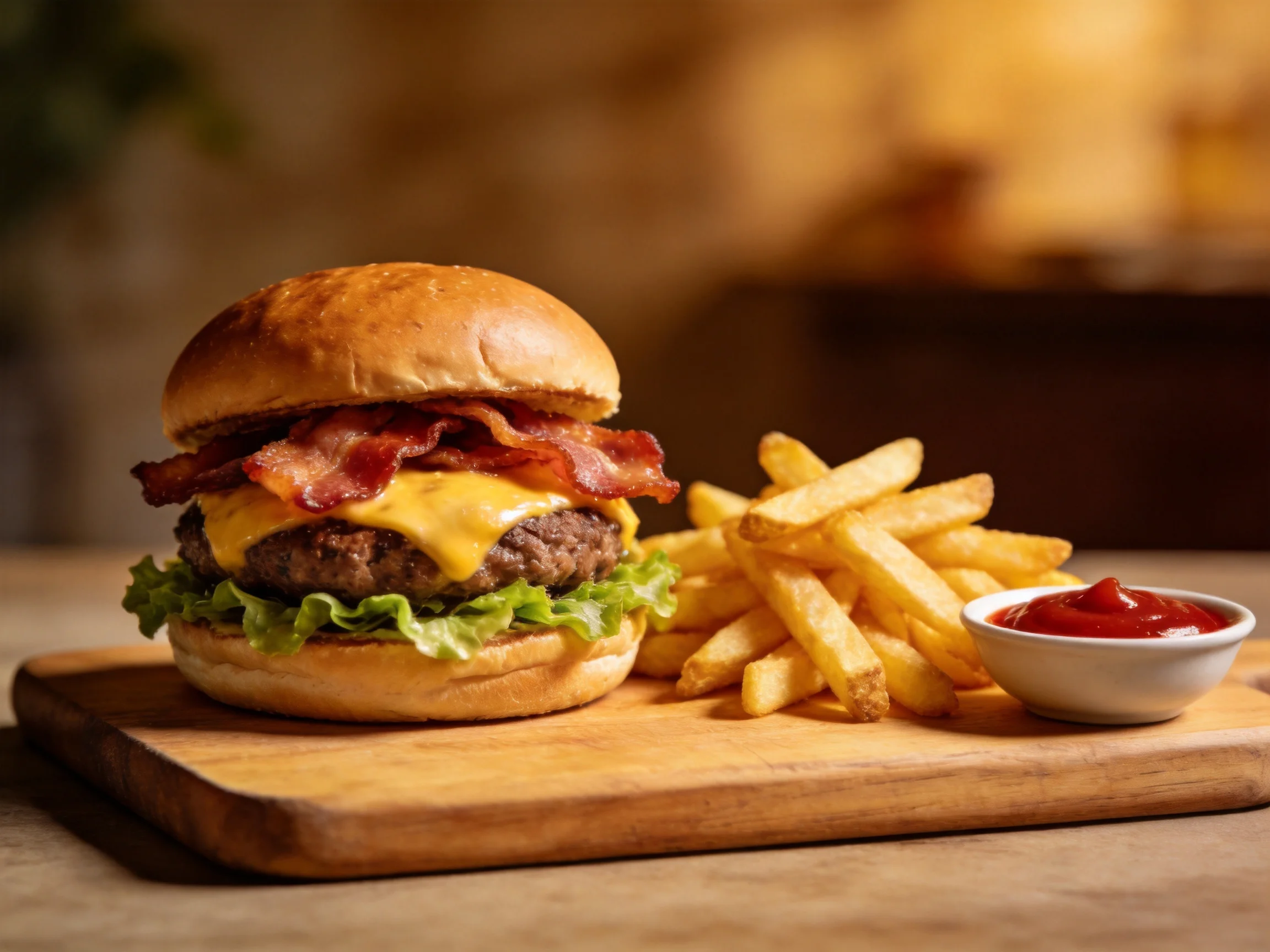Cheeseburger with bacon, golden fries, and ketchup on a wooden board