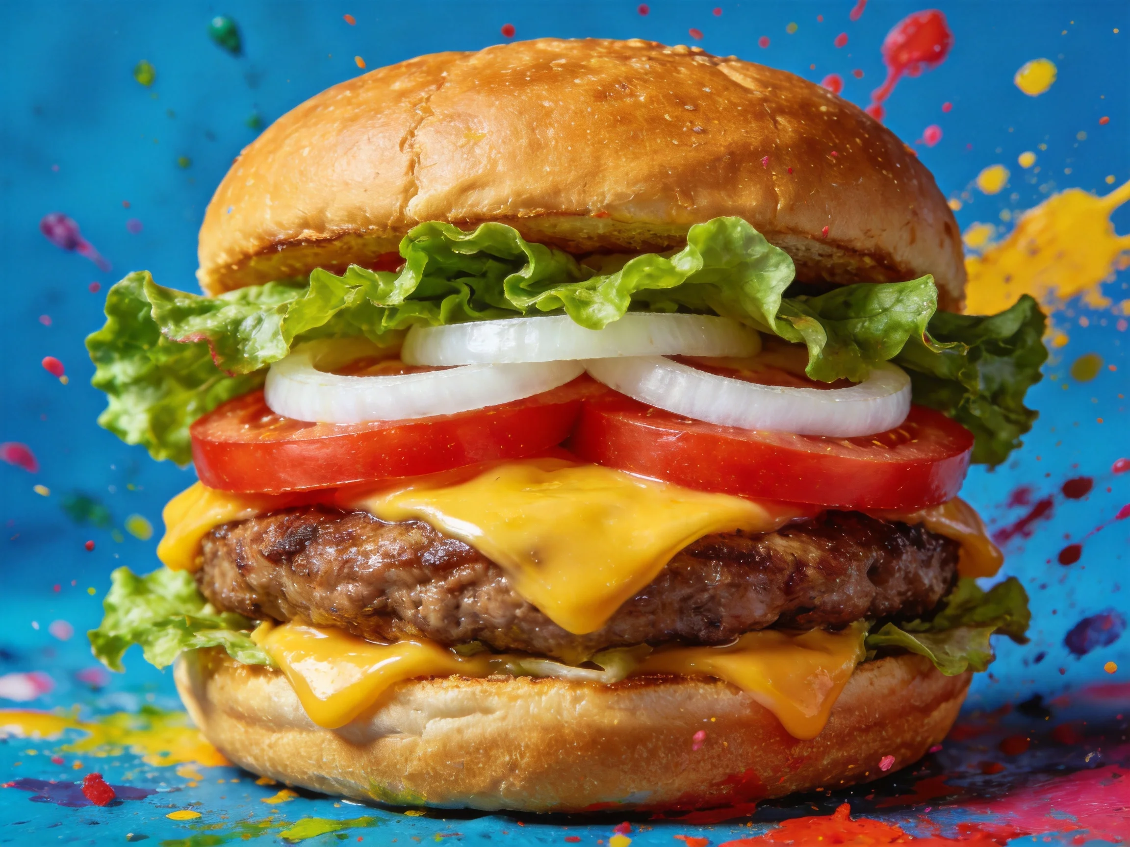 Cheeseburger with fresh veggies on colorful paint-splattered background