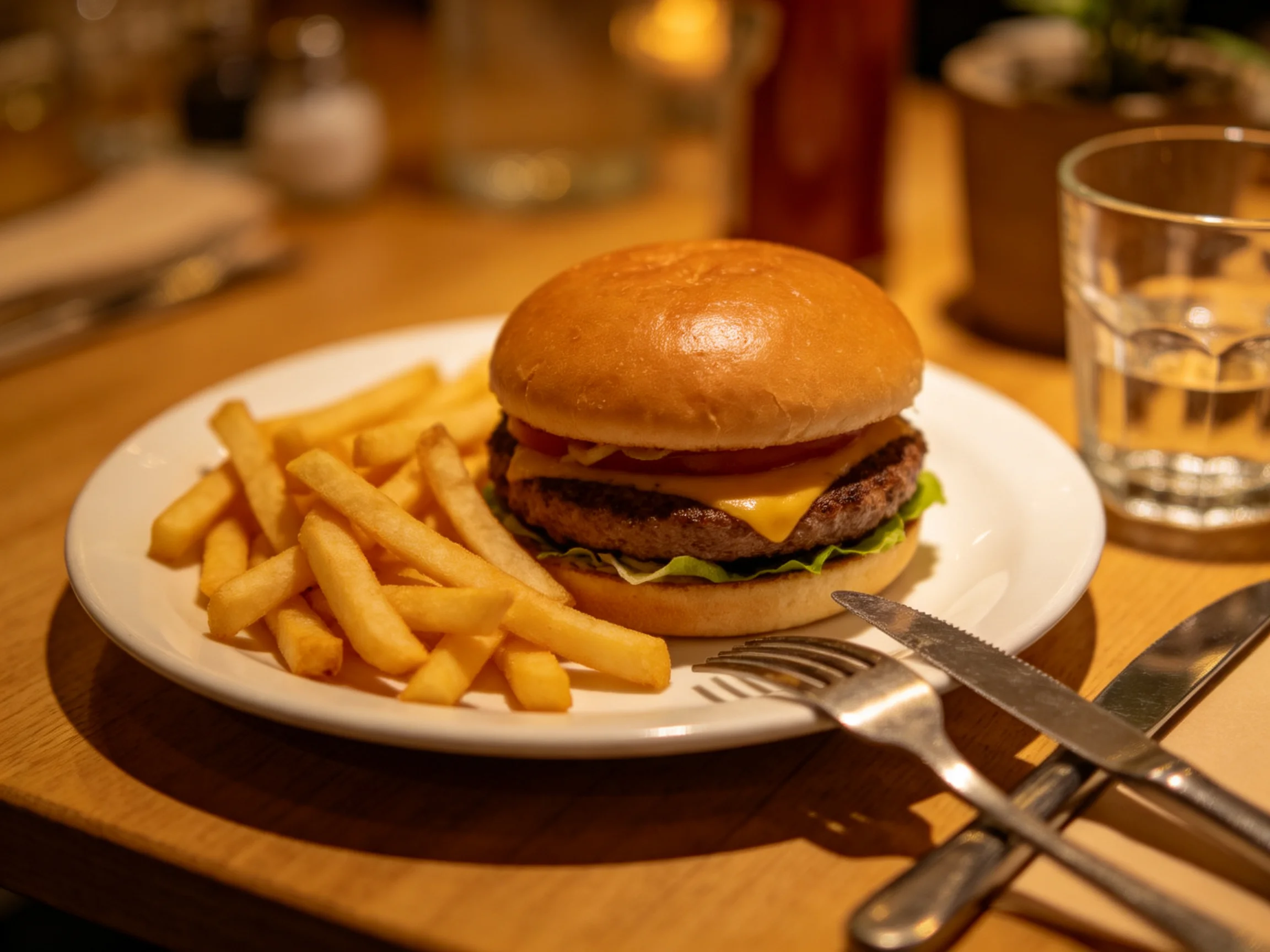 Cheeseburger with golden French fries on a white plate