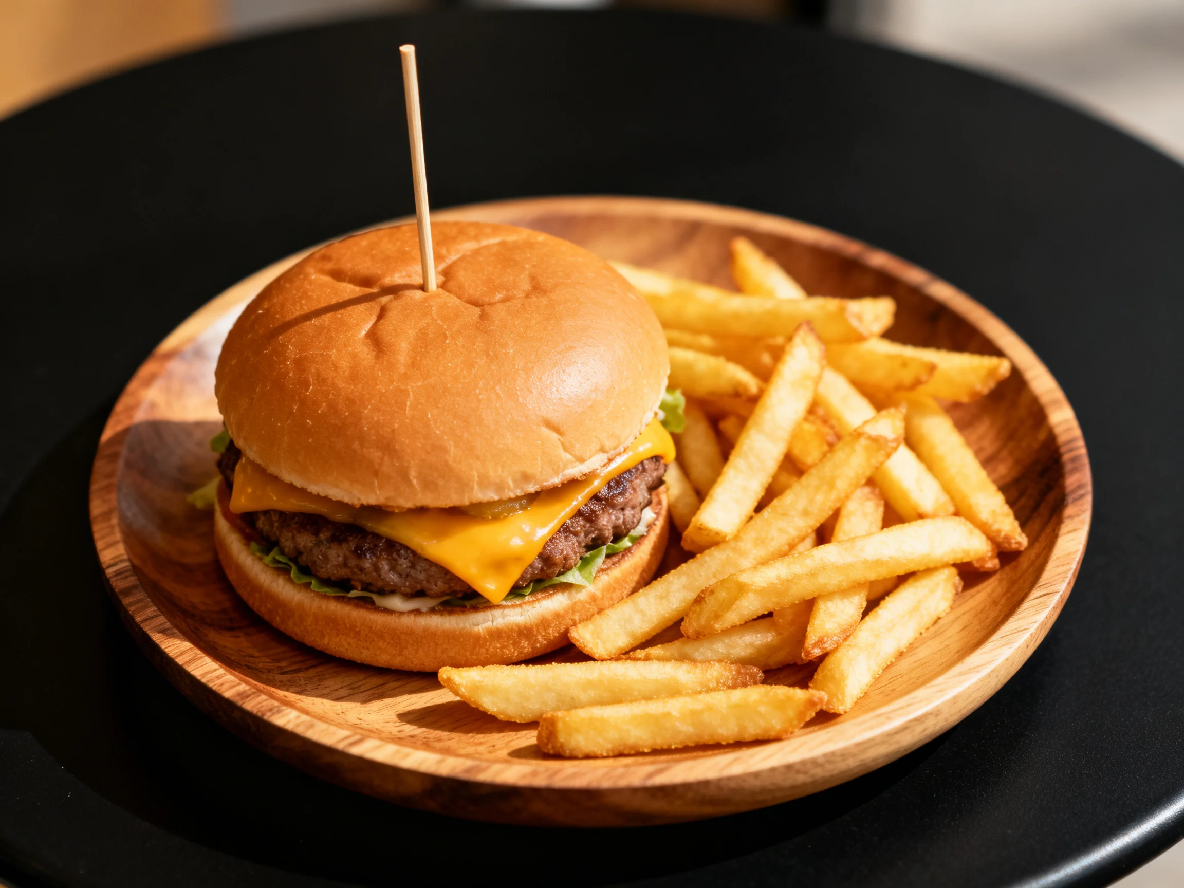 Cheeseburger with golden fries on a wooden plate