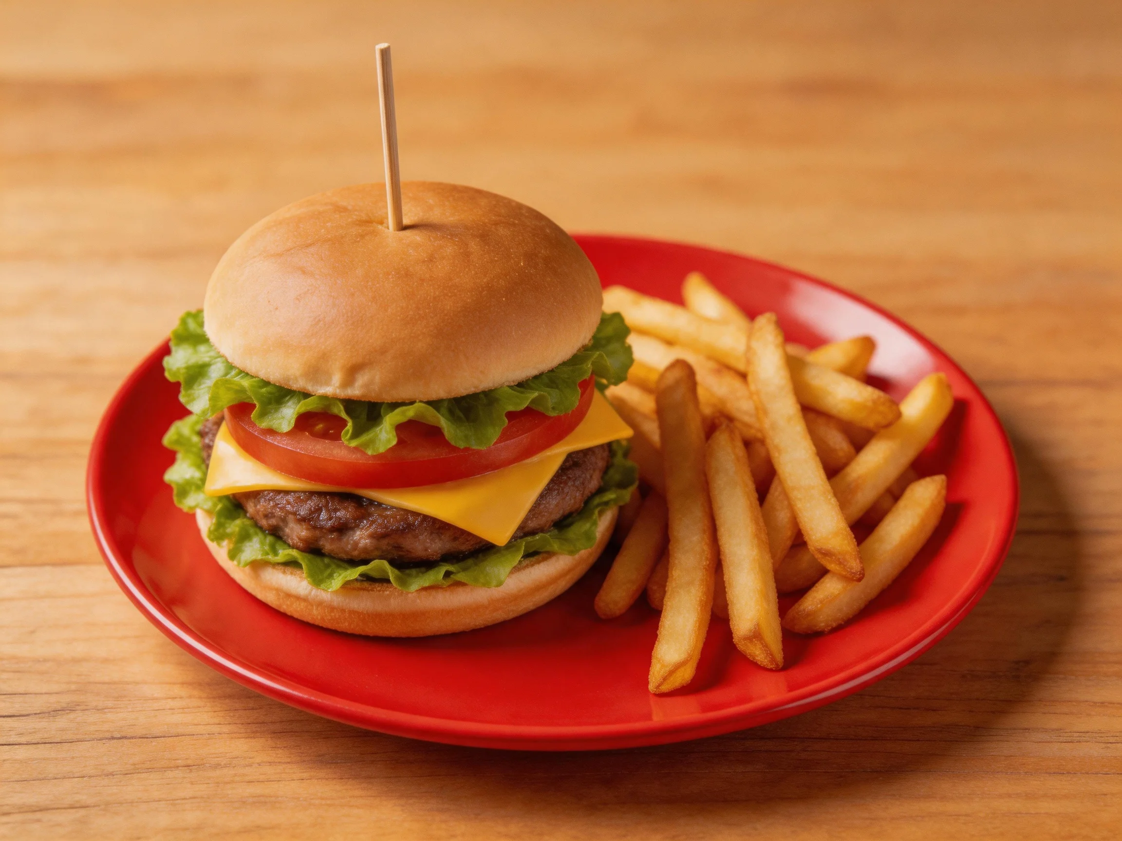 Cheeseburger with lettuce, tomato, and French fries on a red plate