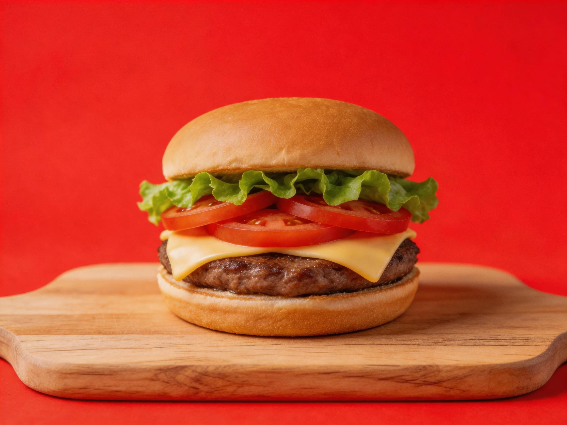 Cheeseburger with lettuce, tomato, and beef on wooden board against red backdrop