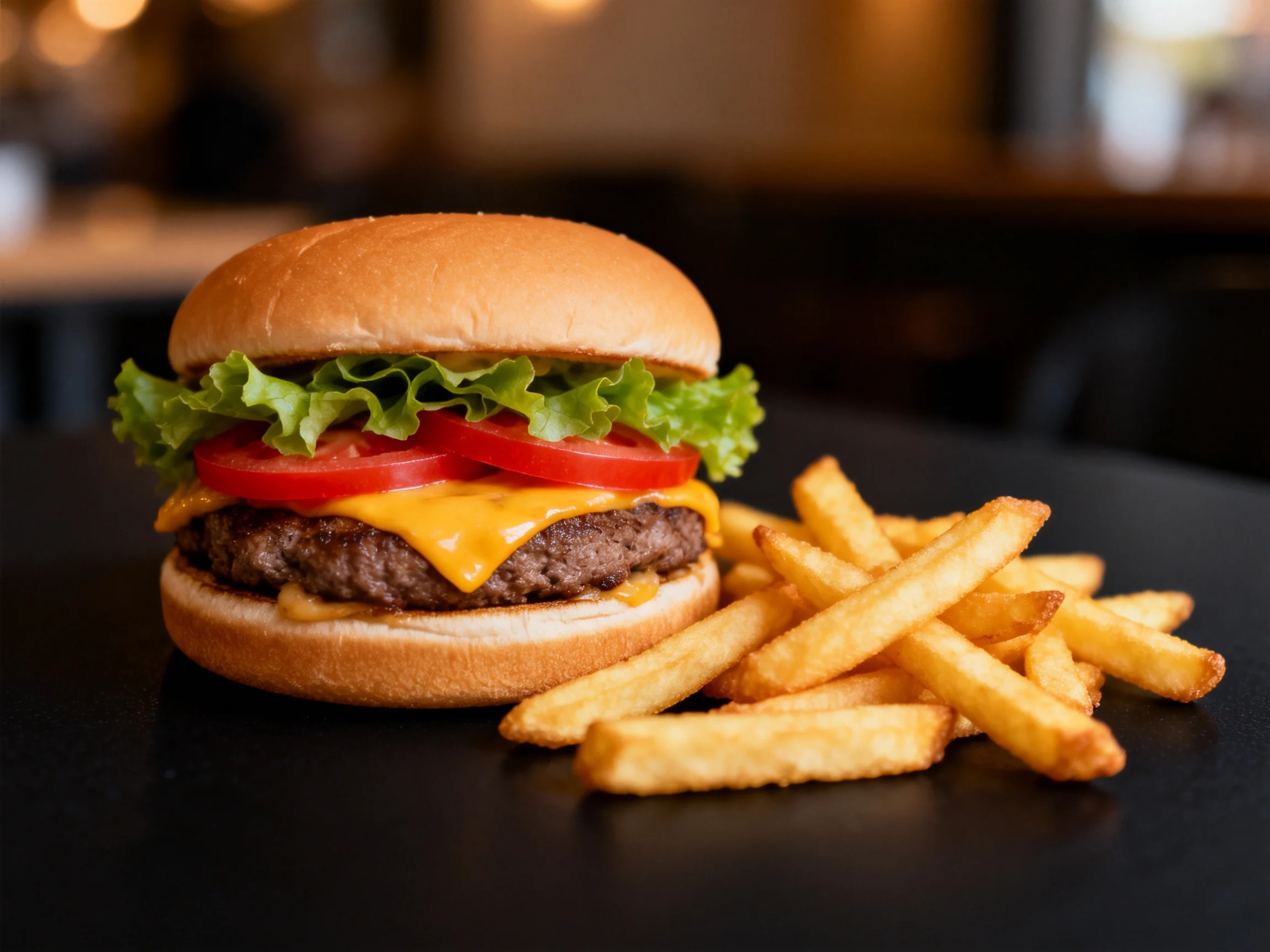 Cheeseburger with lettuce, tomato, and cheese beside French fries