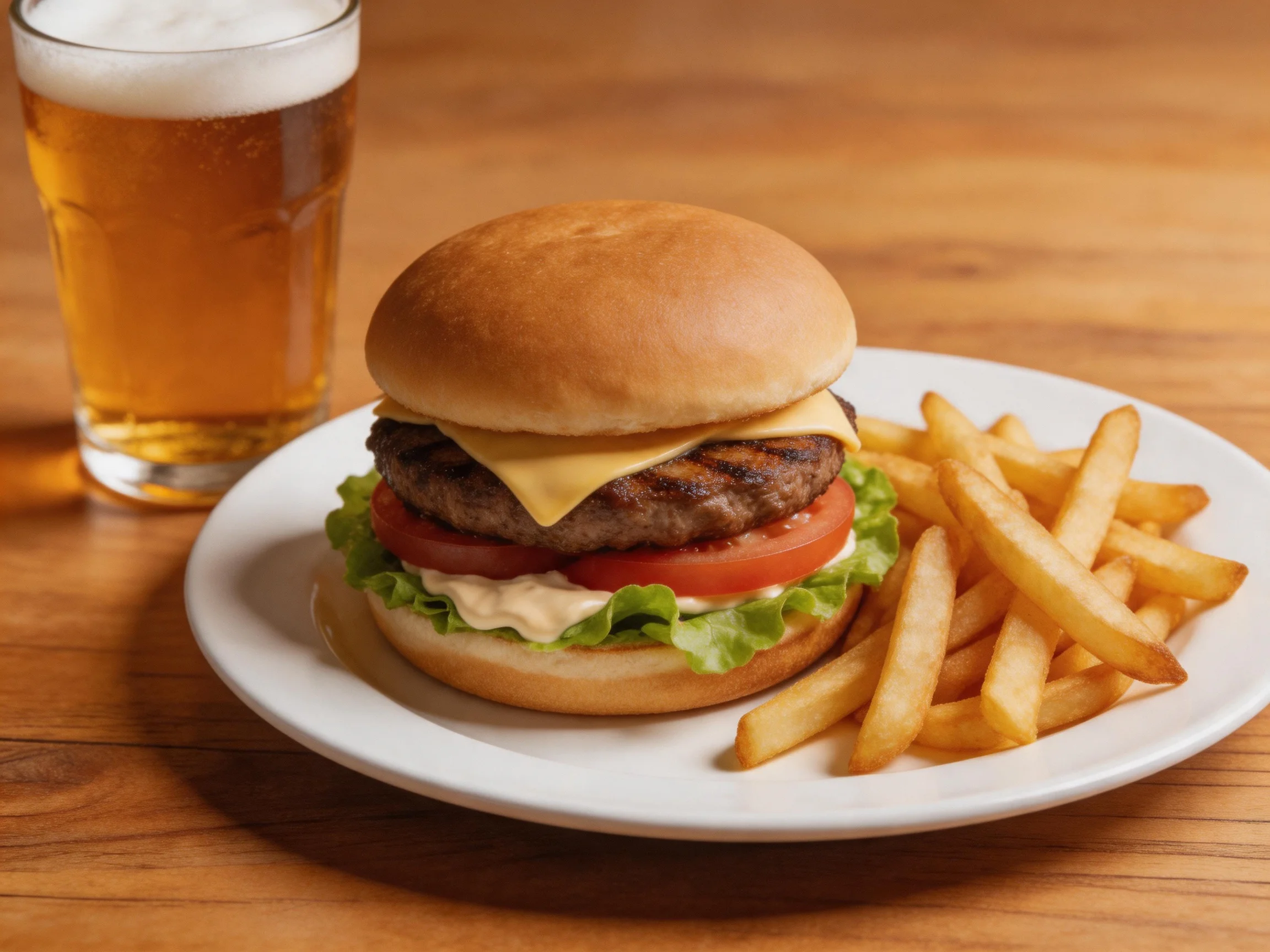 Cheeseburger with lettuce, tomato, and golden fries served with amber beer