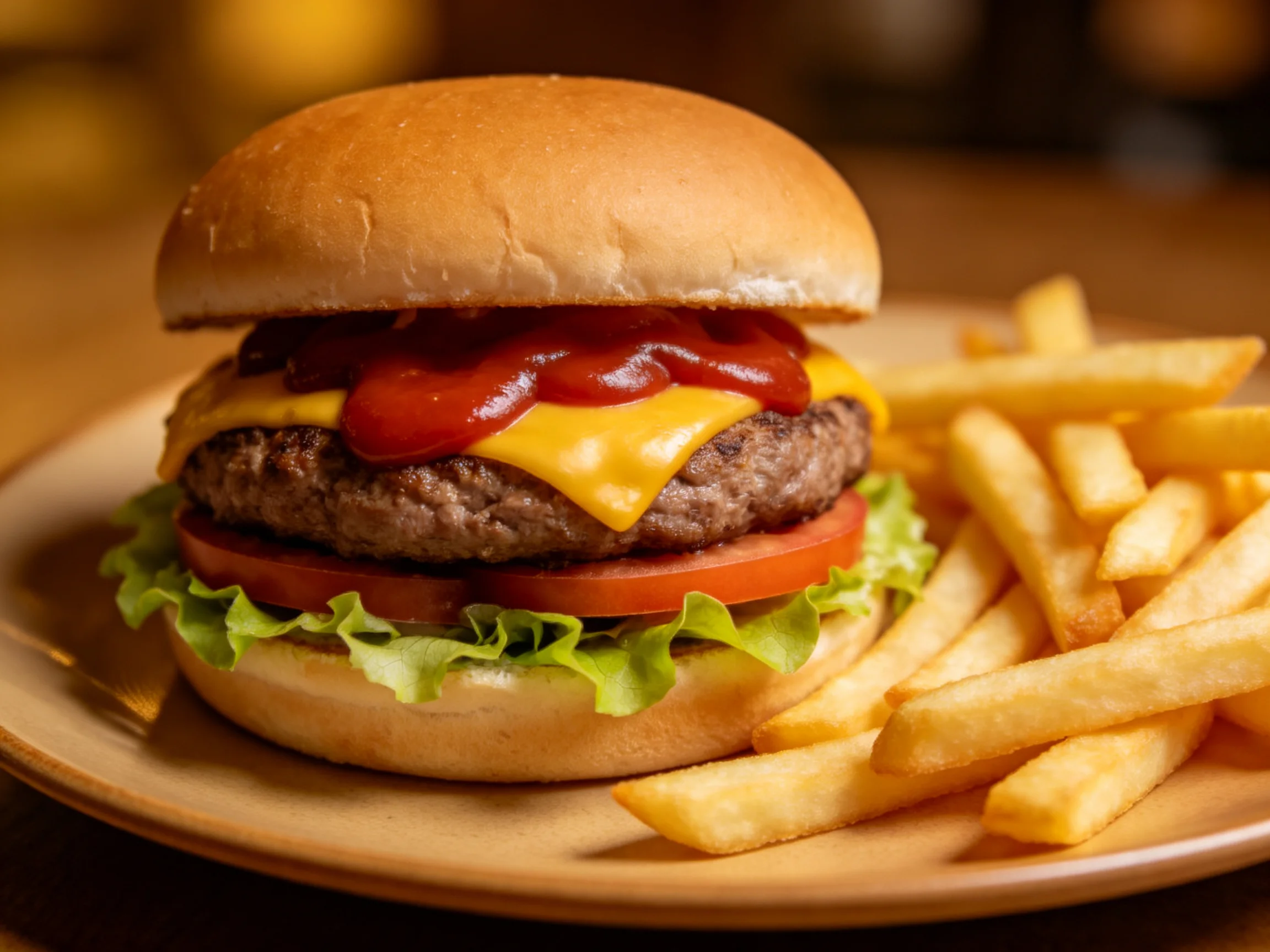 Cheeseburger with lettuce, tomato, cheese, and ketchup served with French fries