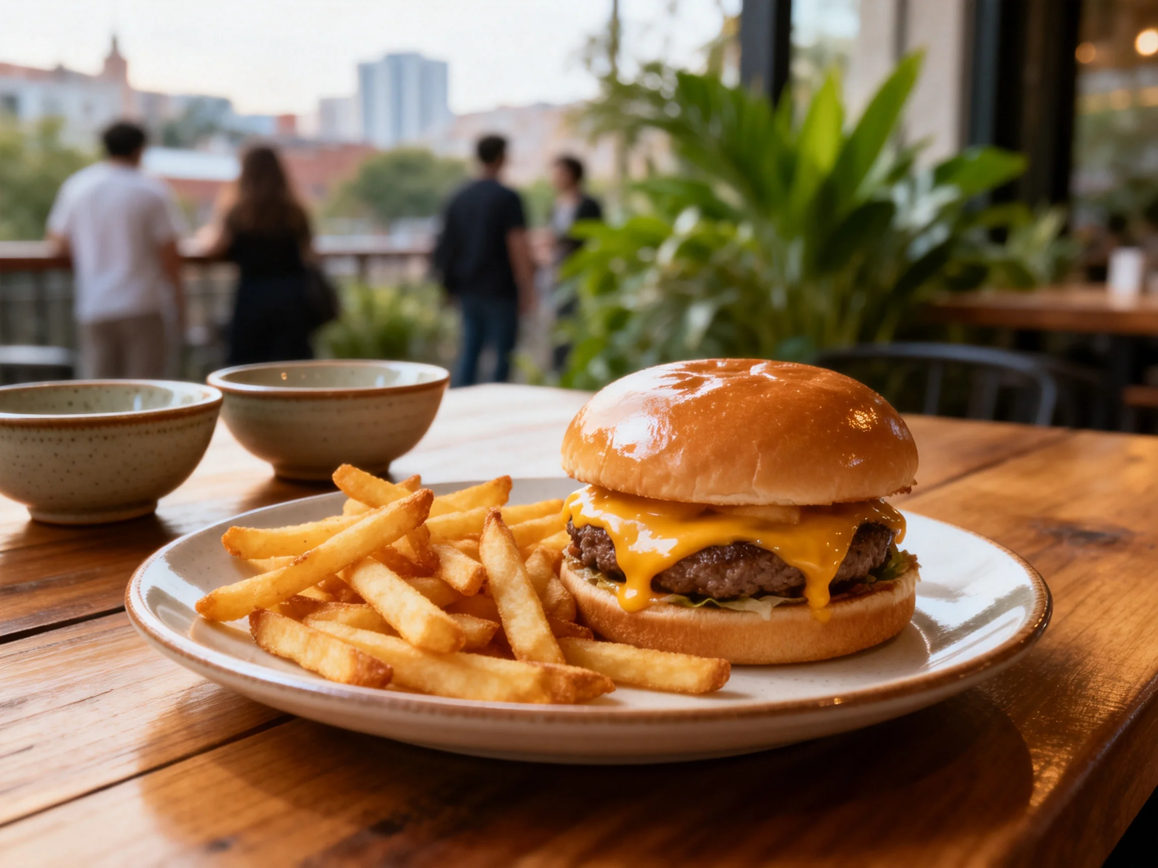 Cheeseburger with melted cheese and crispy fries on a wooden table