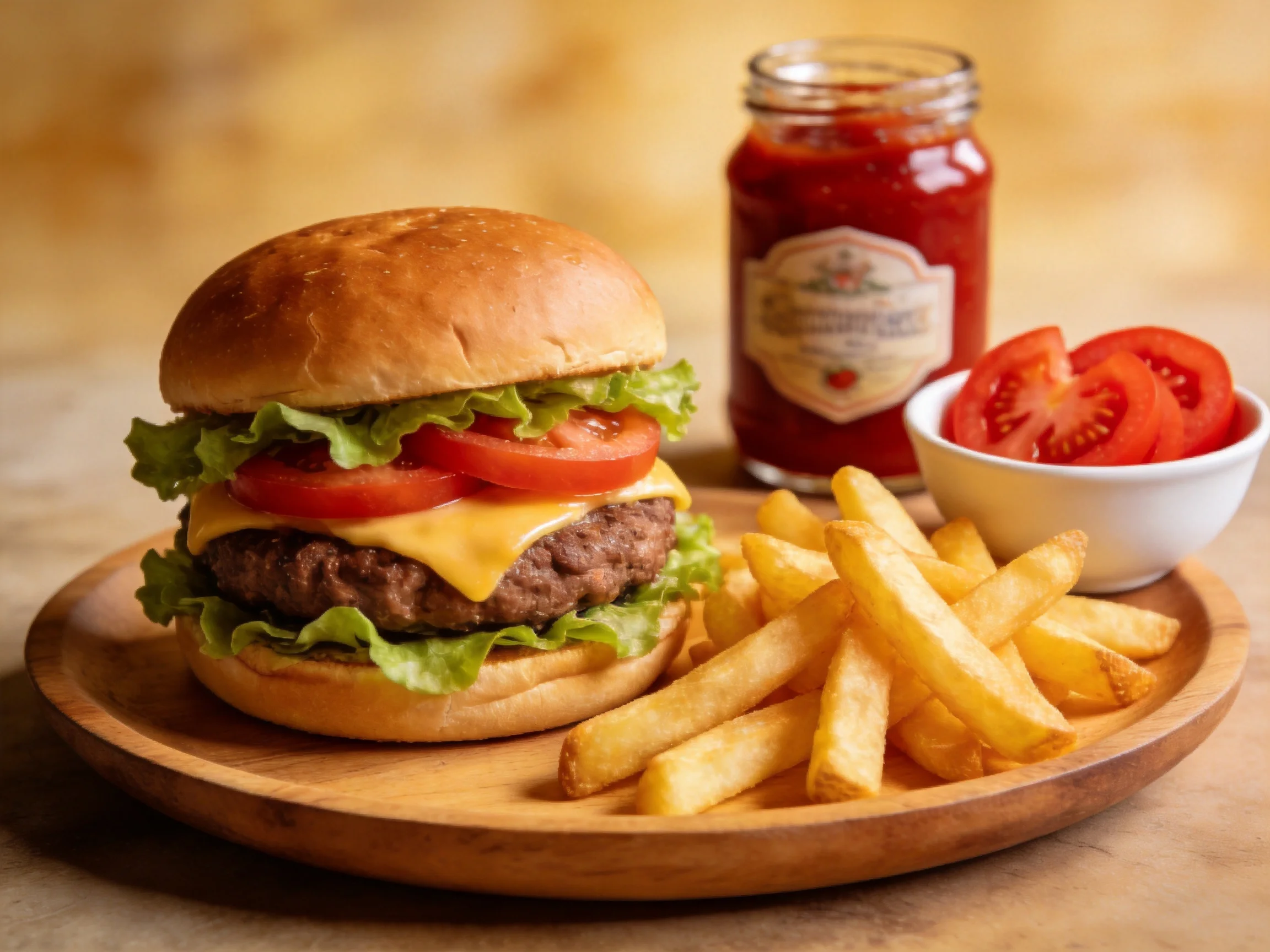 Cheeseburger with tomato, lettuce, and golden fries on a wooden platter