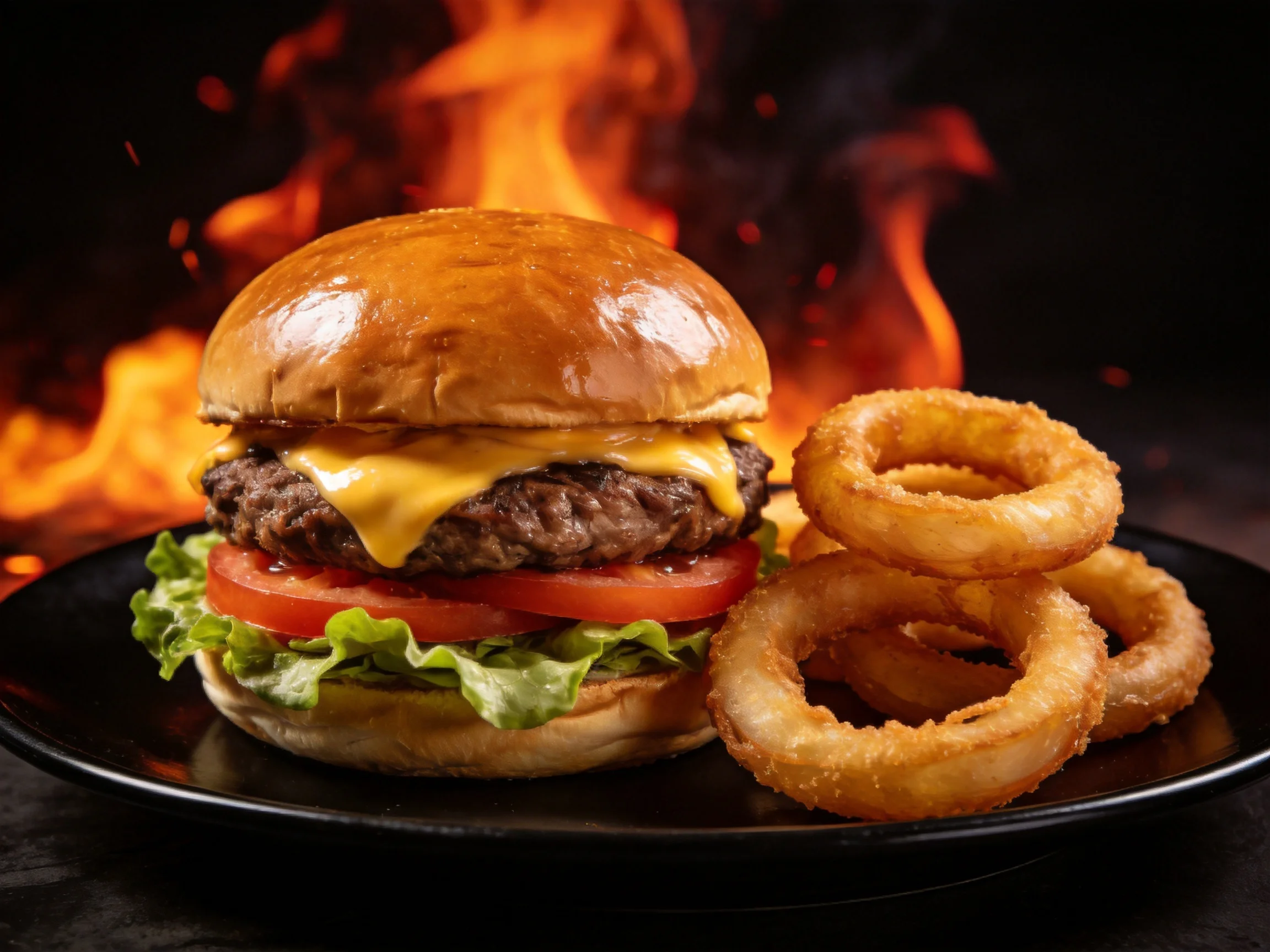 Cheeseburger with tomato, lettuce, onion rings, fiery backdrop