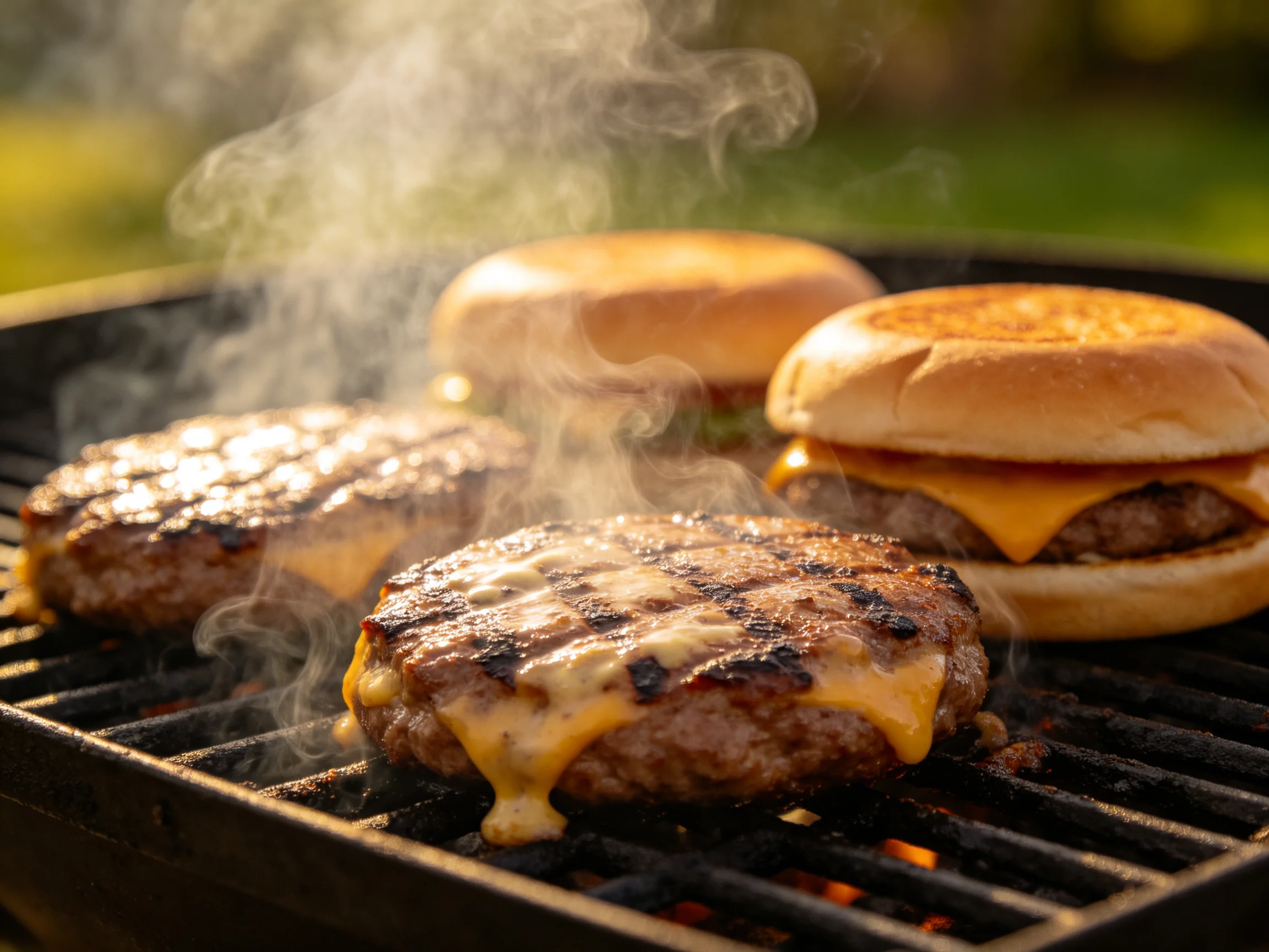 Cheeseburgers Sizzling on a Charcoal Grill with Melting Cheese