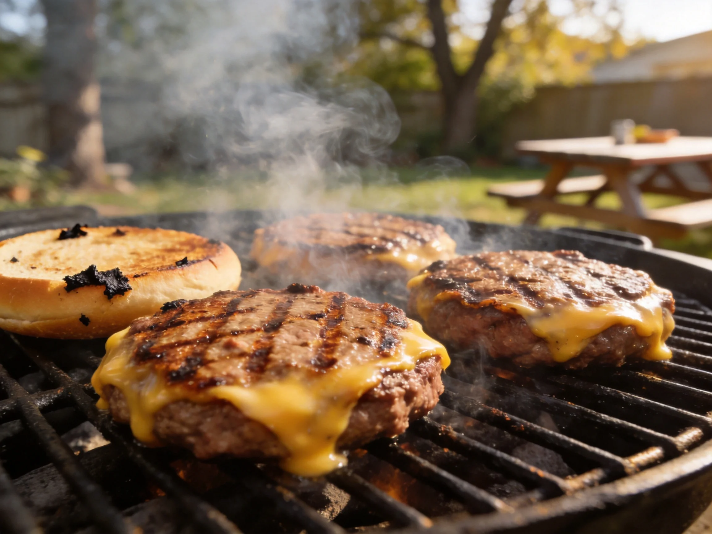 Cheeseburgers and a bun grilling on an outdoor barbecue