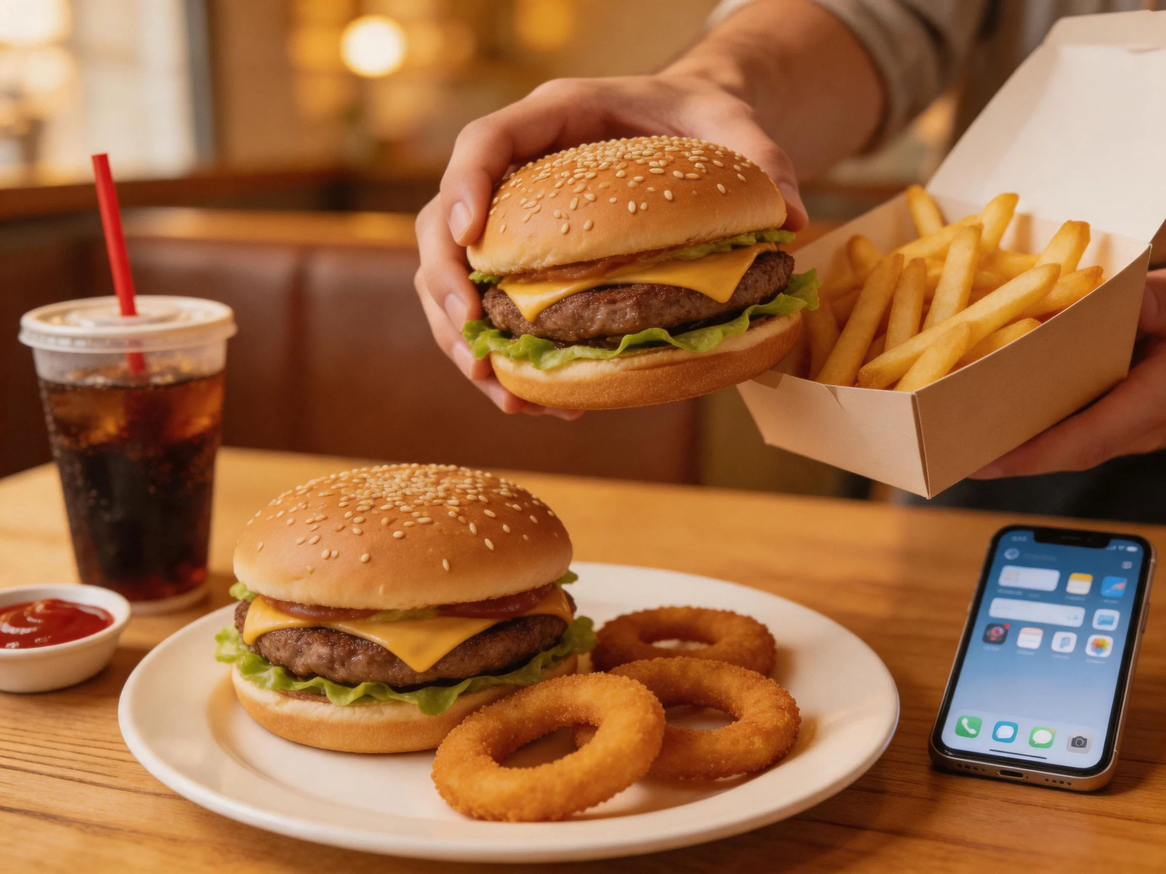 Cheeseburgers, onion rings, fries, and soda served in a cozy restaurant