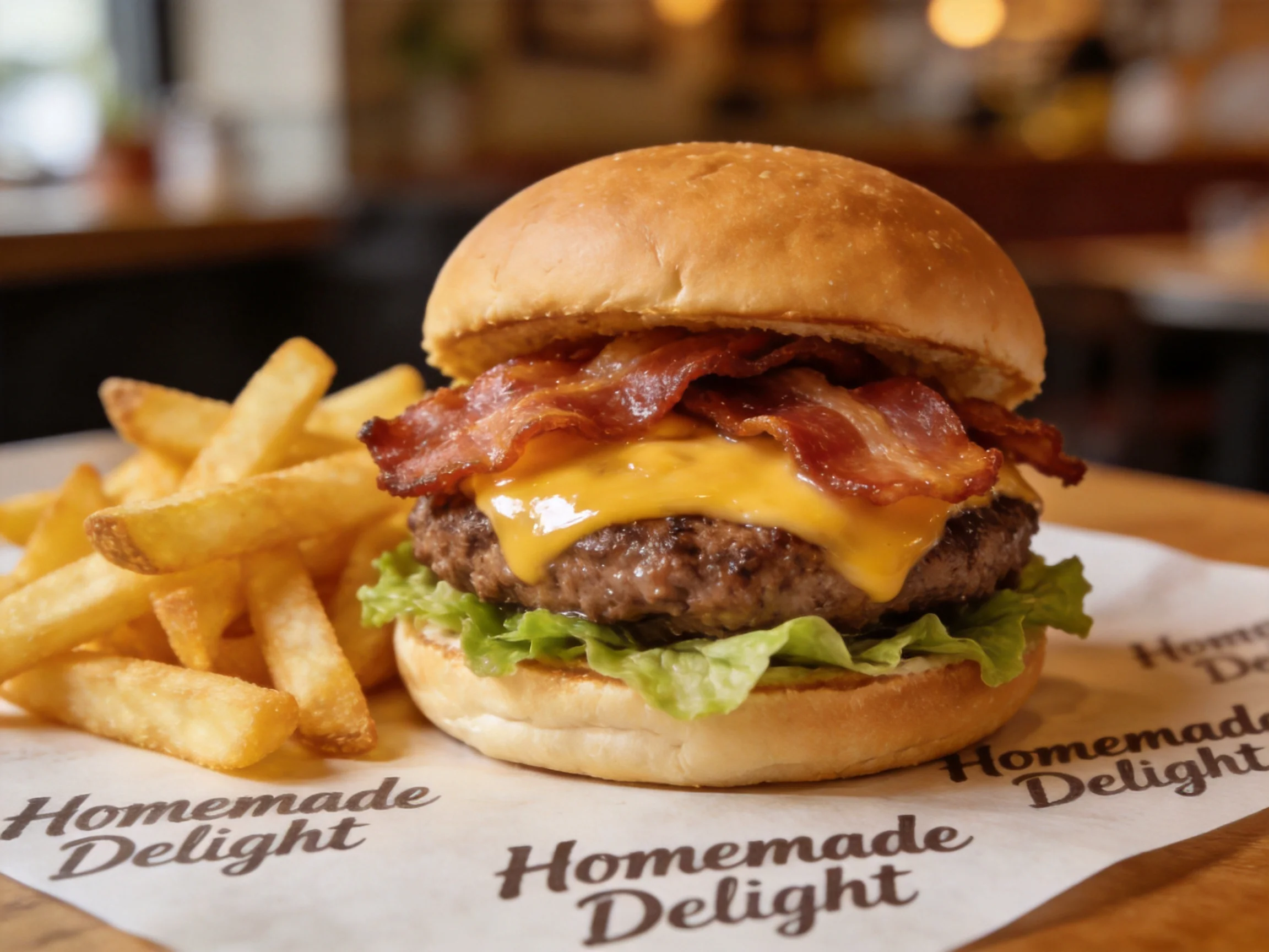 A cheesey bacon burger with fries sits displayed on branded paper.