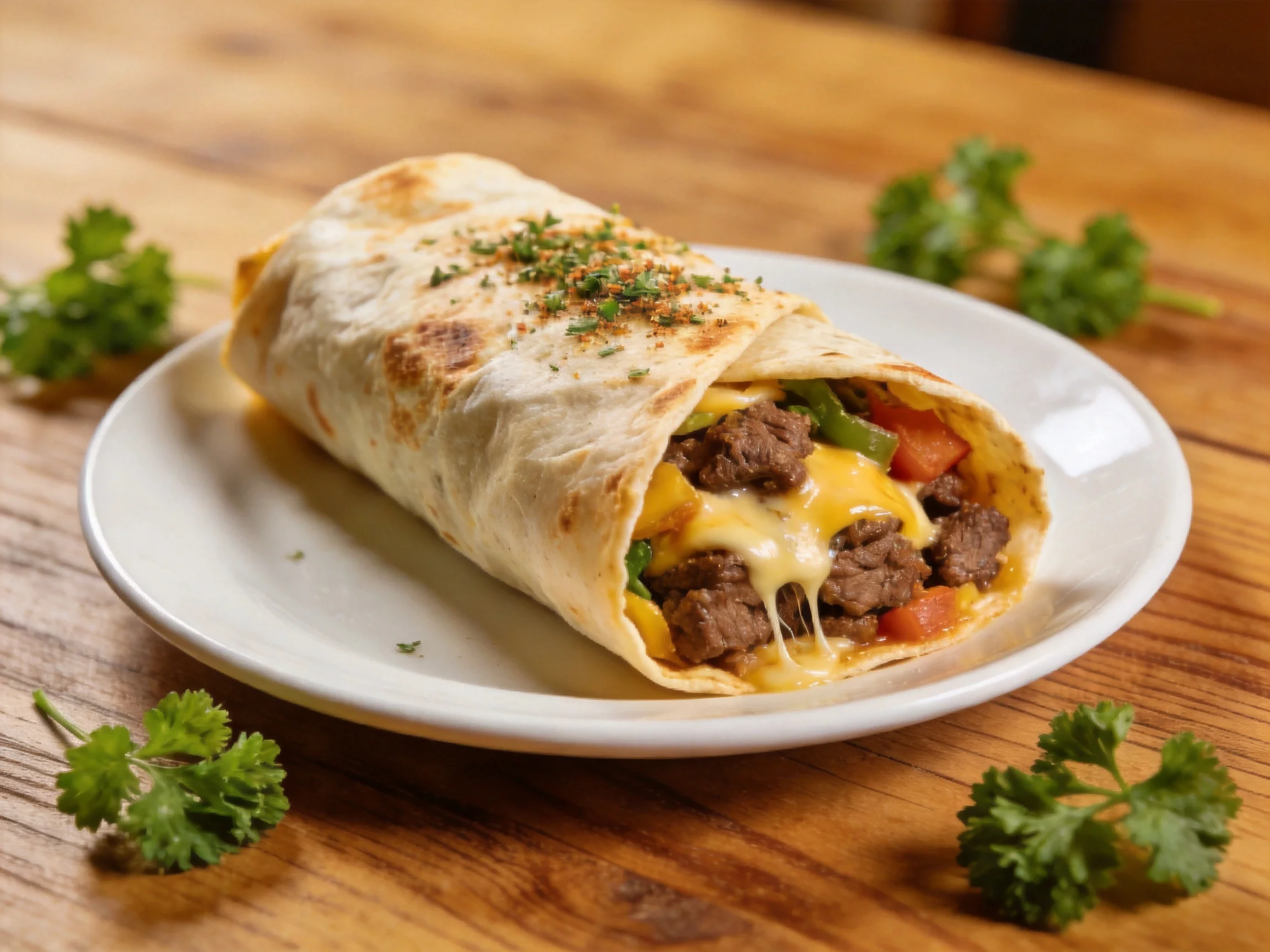 Cheesy Beef and Vegetable Wrap on a White Plate