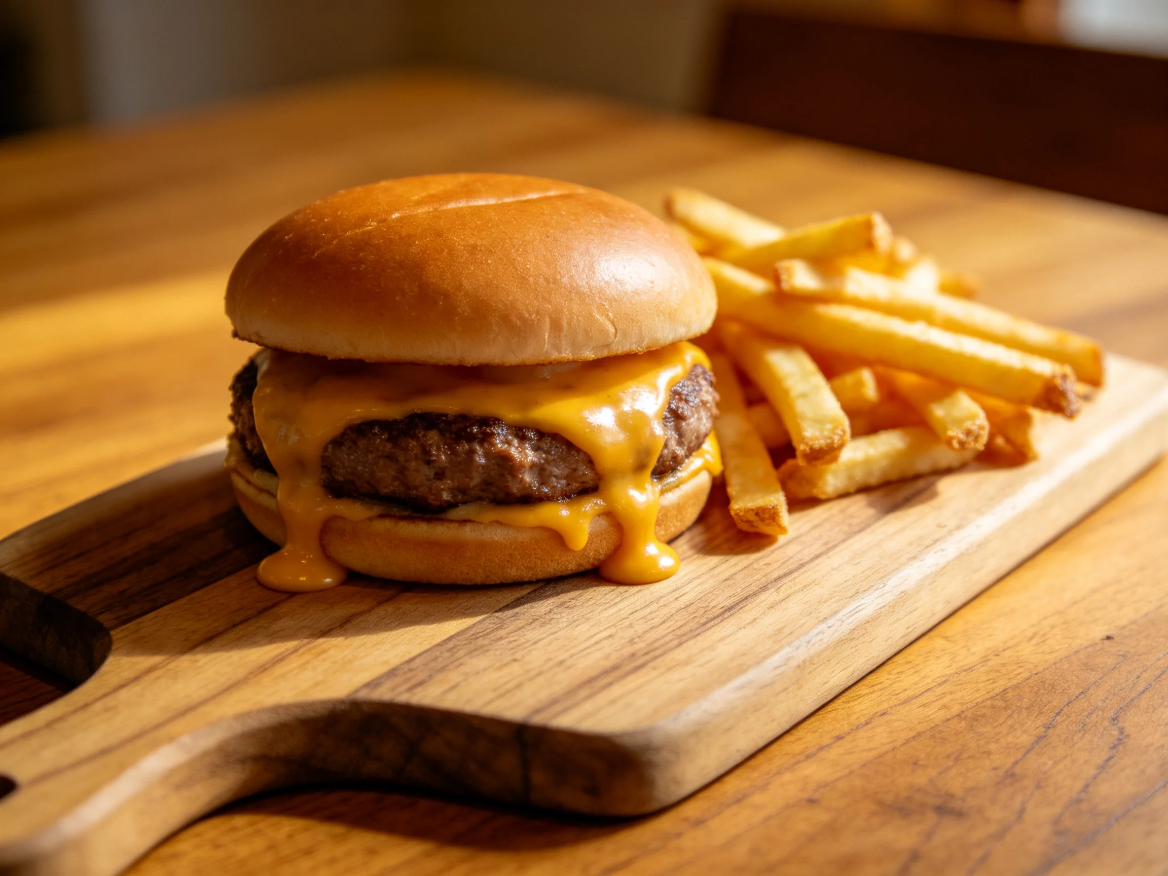 Cheesy Burger with Golden Fries on Wooden Board