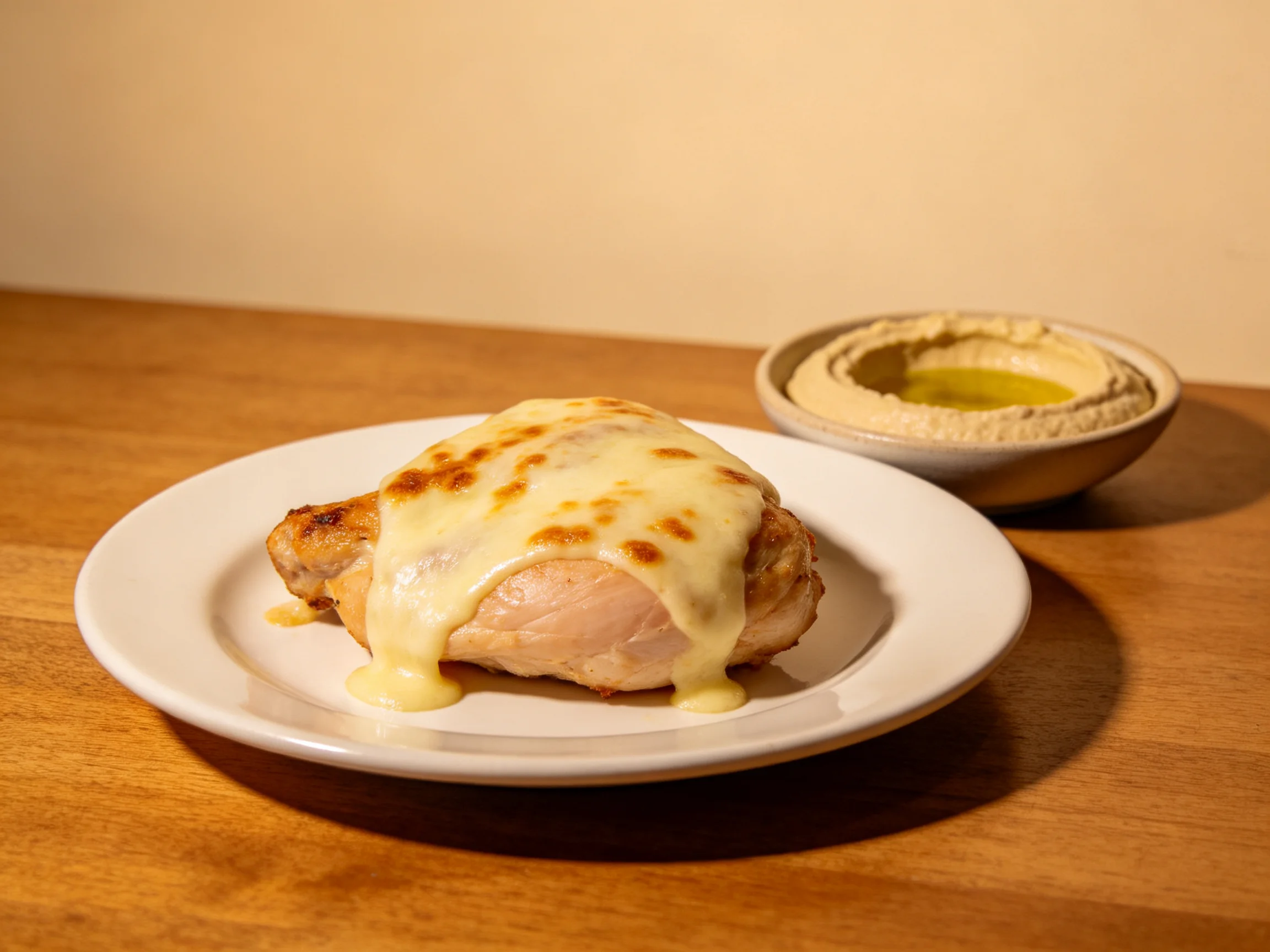 Cheesy chicken breast served with creamy hummus dip