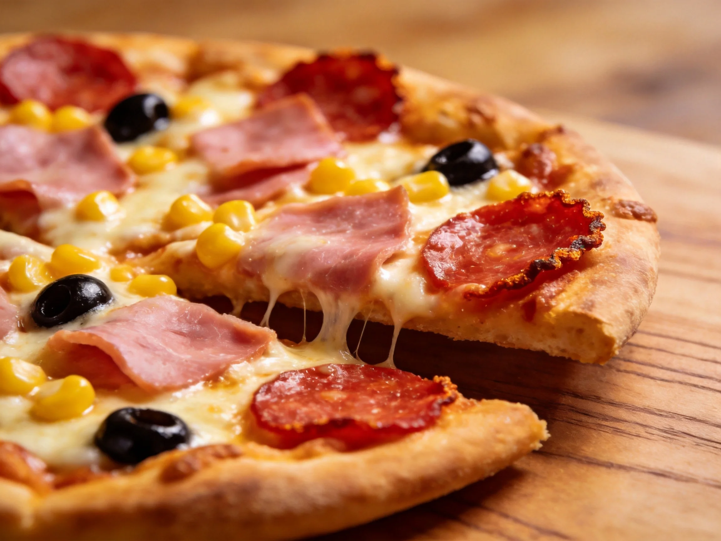 Cheesy pizza loaded with pepperoni, ham, corn, and black olives