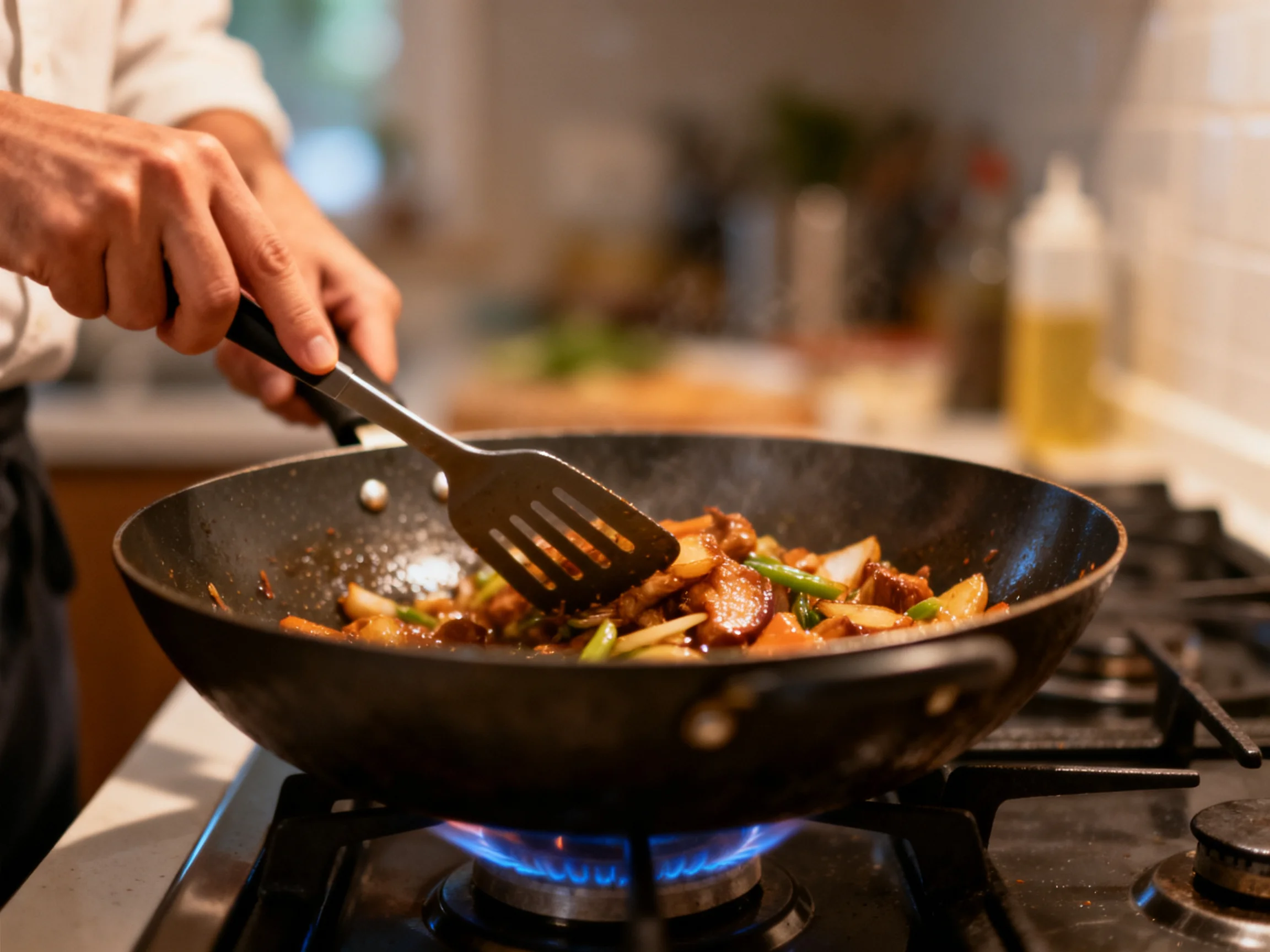 Chef Stir-Frying Mixed Vegetables and Meat in a Black Wok