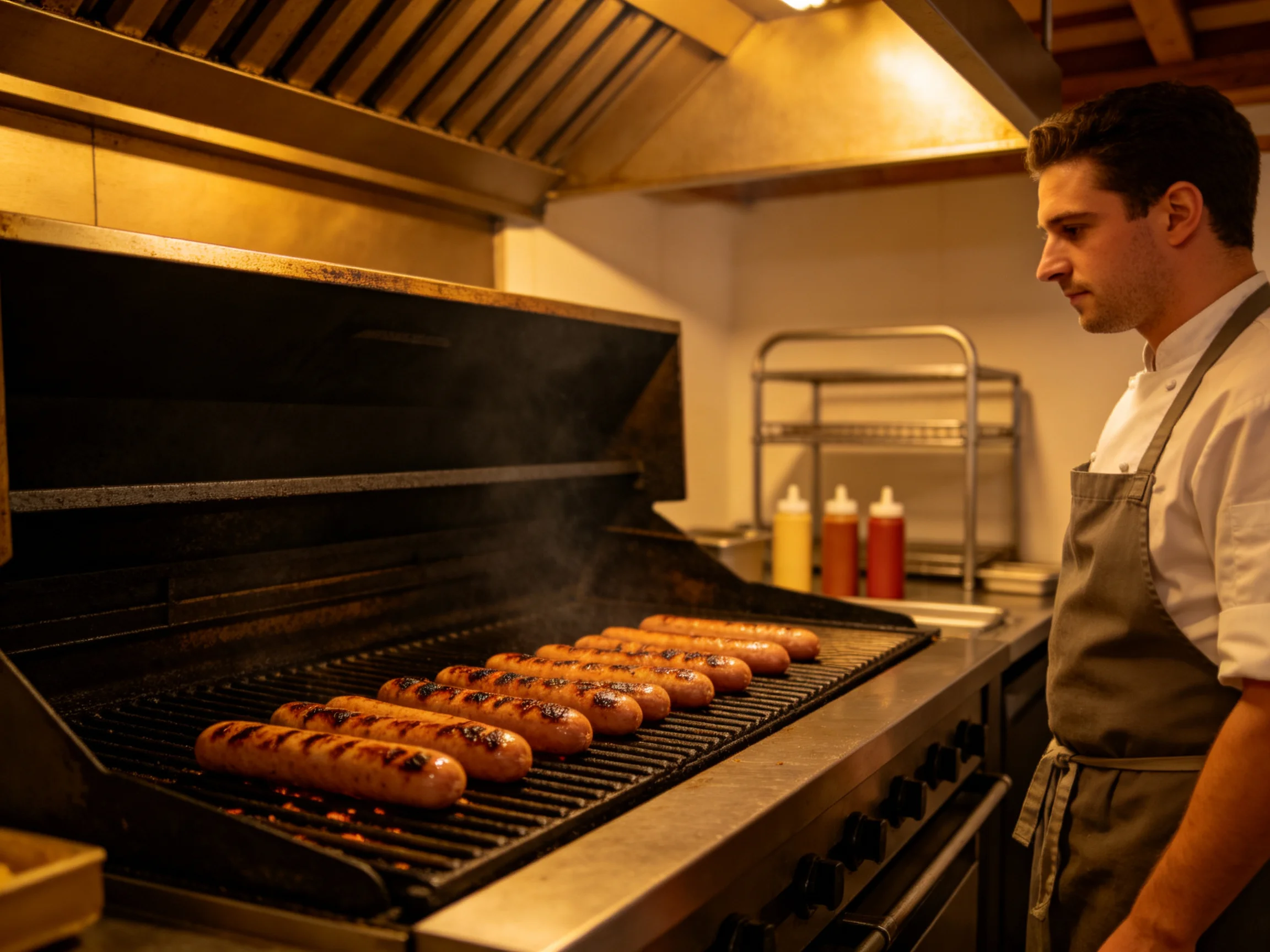 Chef grilling multiple brown sausages on a large industrial grill