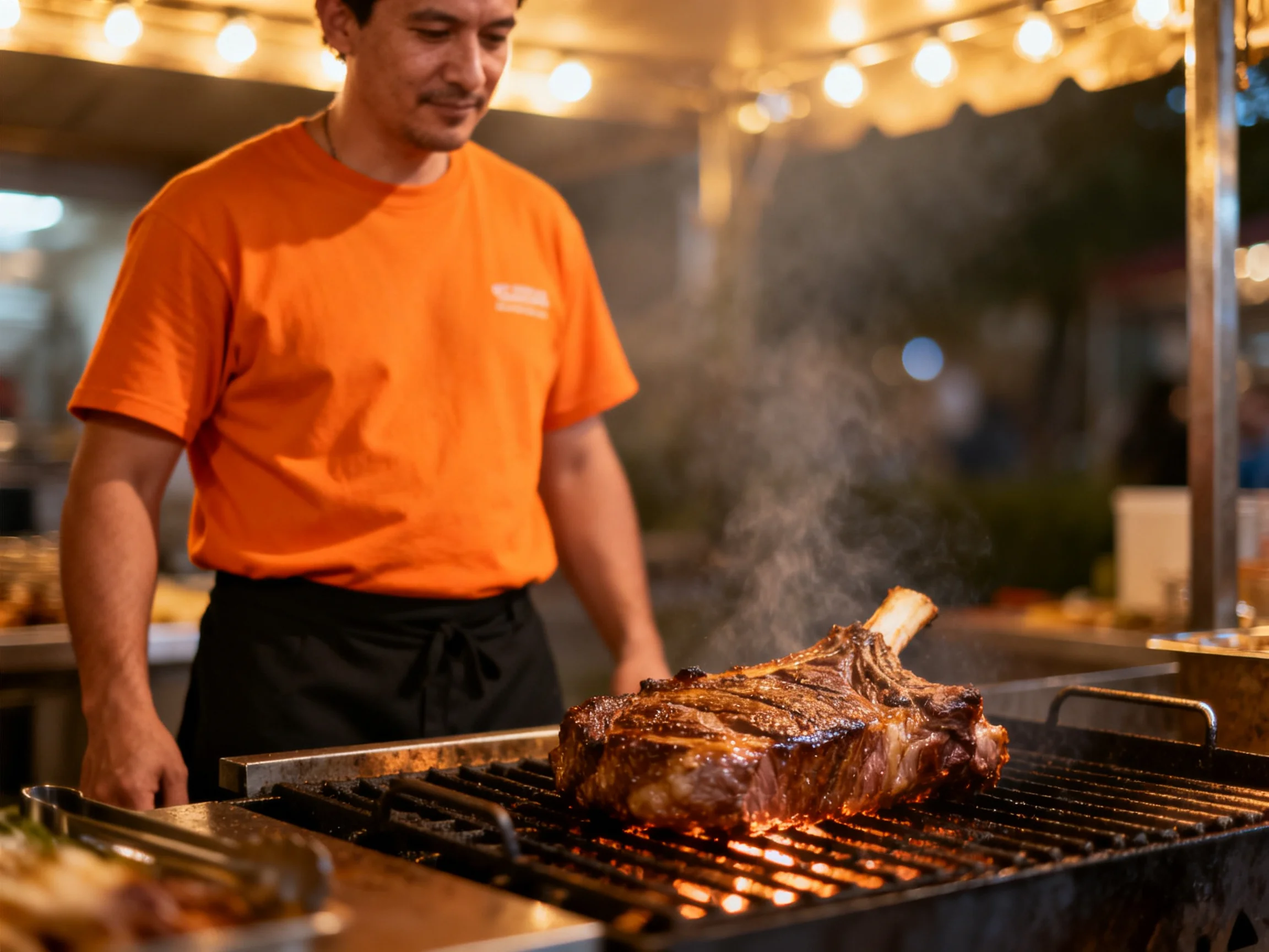 Chef grills large rib roast on outdoor grill under string lights