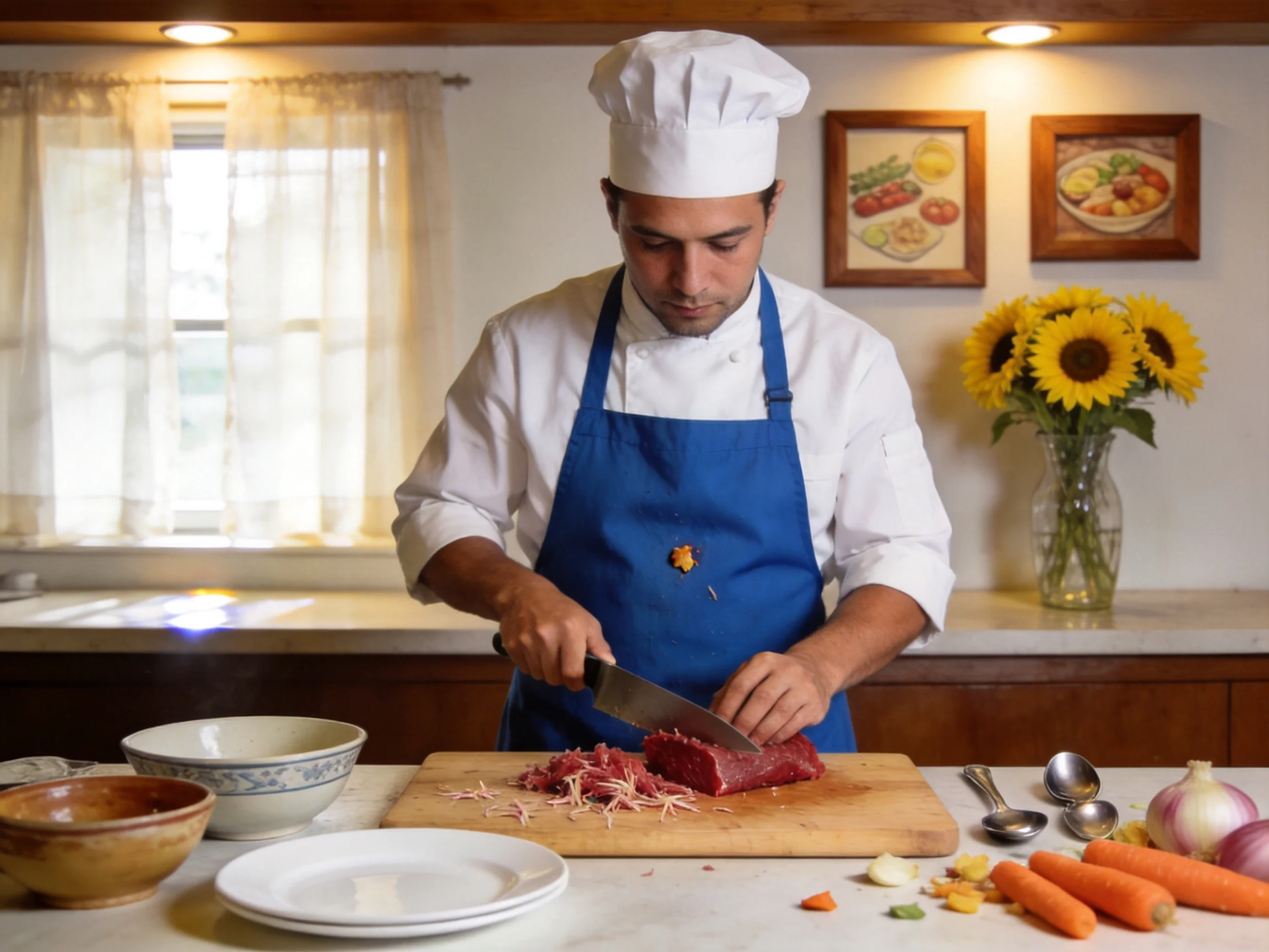 Chef in blue apron slicing meat in sunflower-decorated kitchen