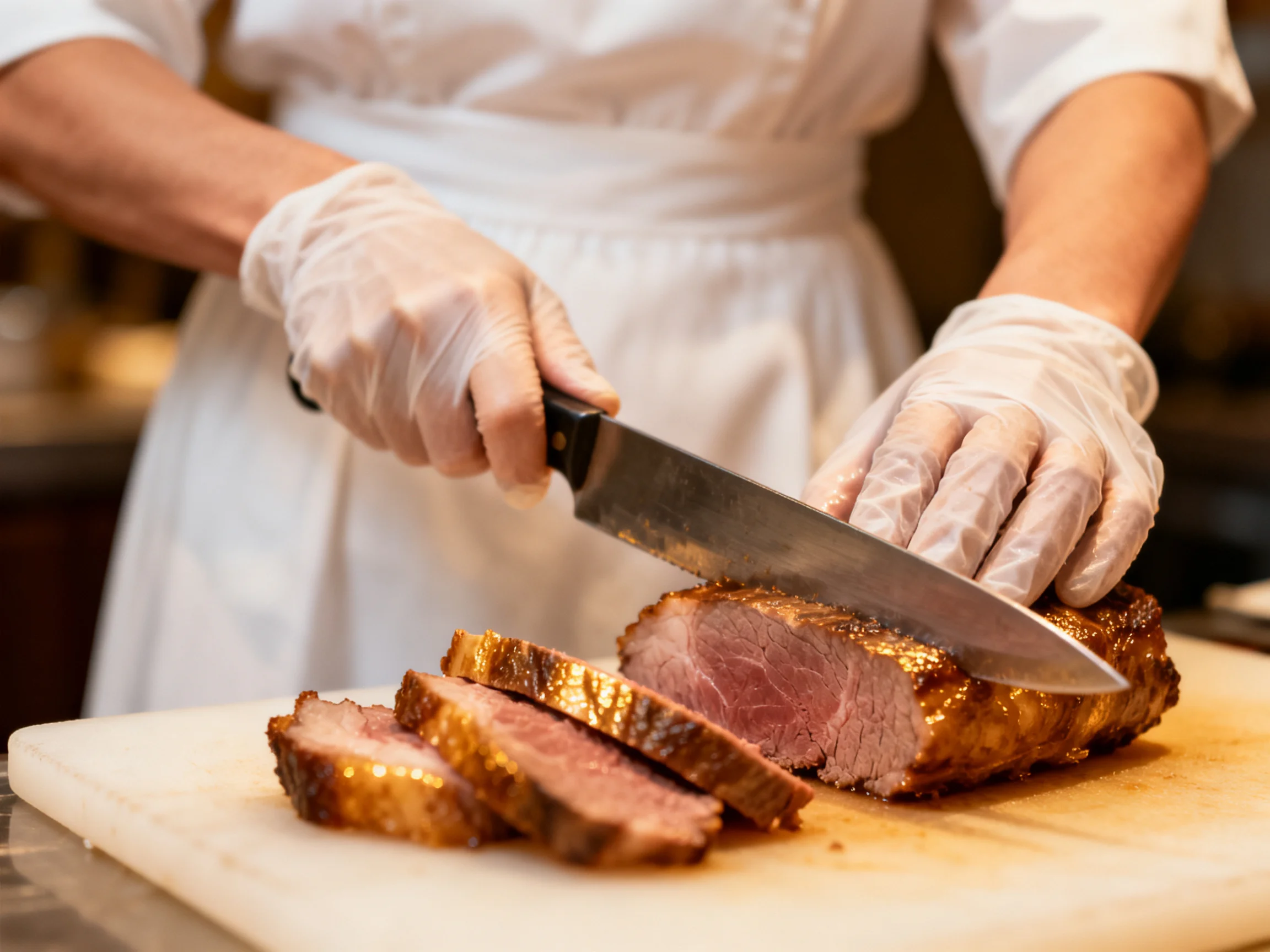Chef slicing a caramelized roasted pork roast with precision