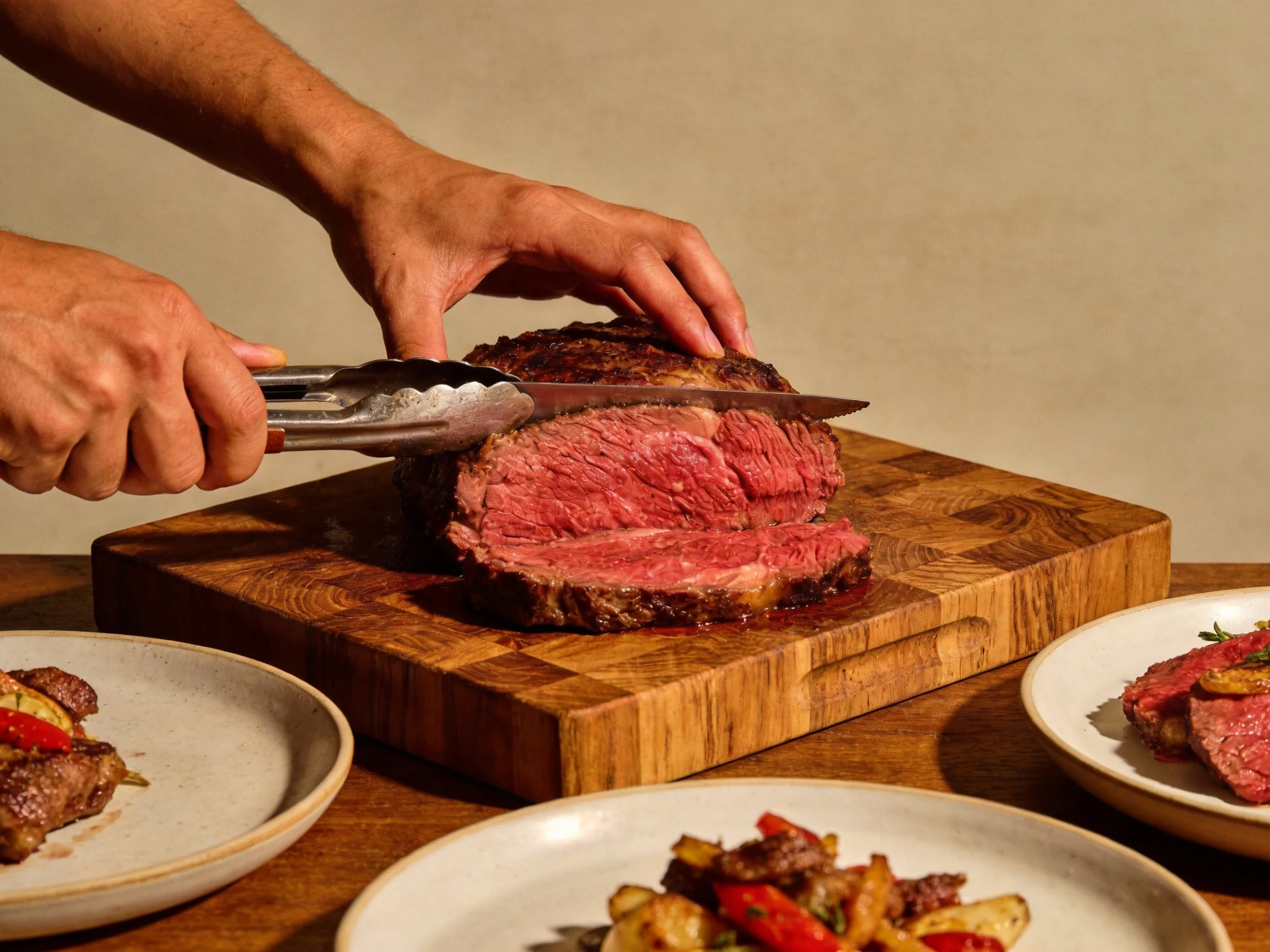 Chef slicing medium-rare roast beef on a wooden cutting board