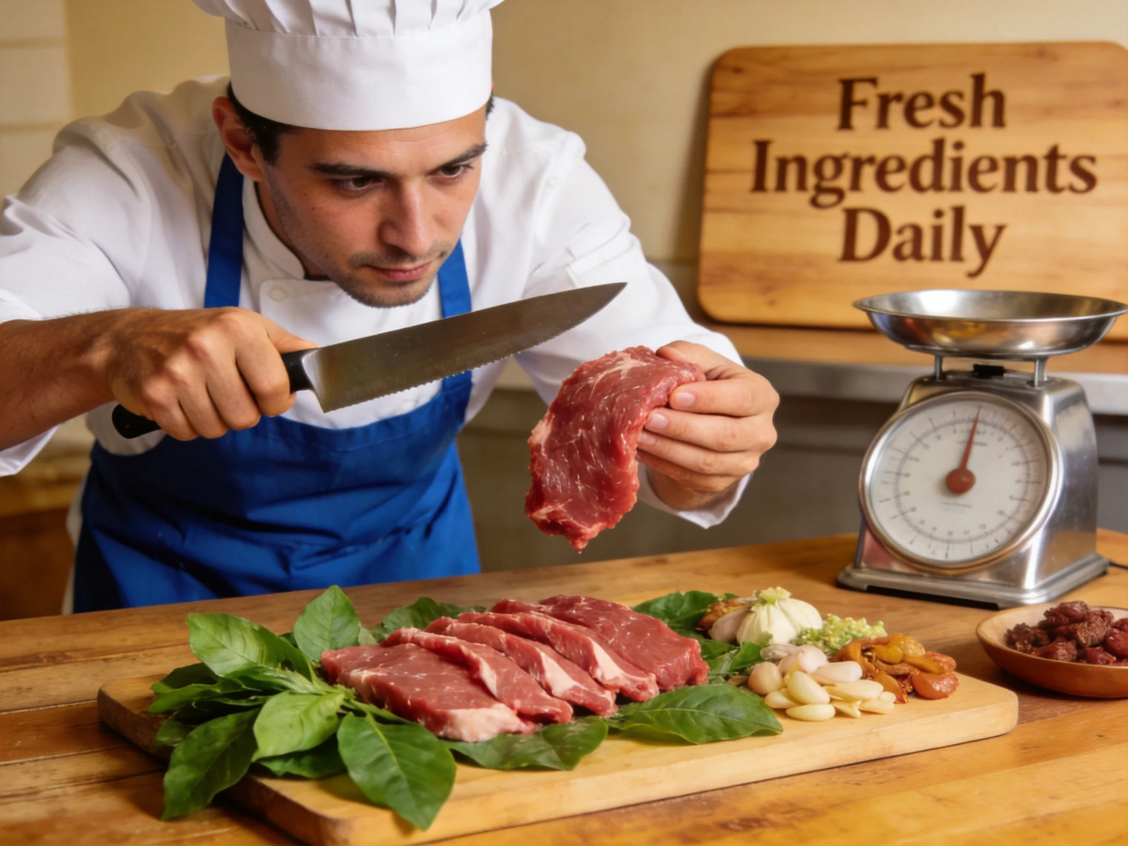 Chef slicing raw beef near Fresh Ingredients Daily sign