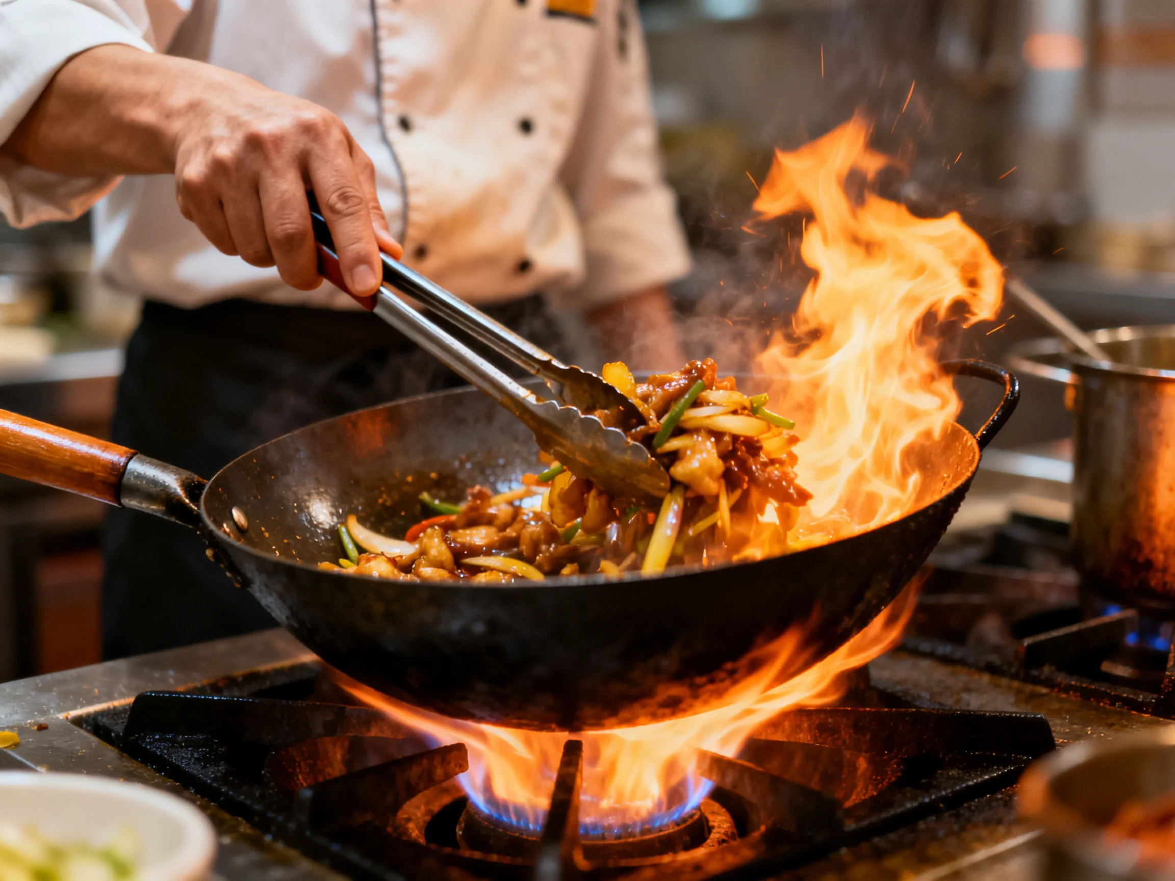 Chef stir-frying mixed ingredients in a flaming wok over high heat