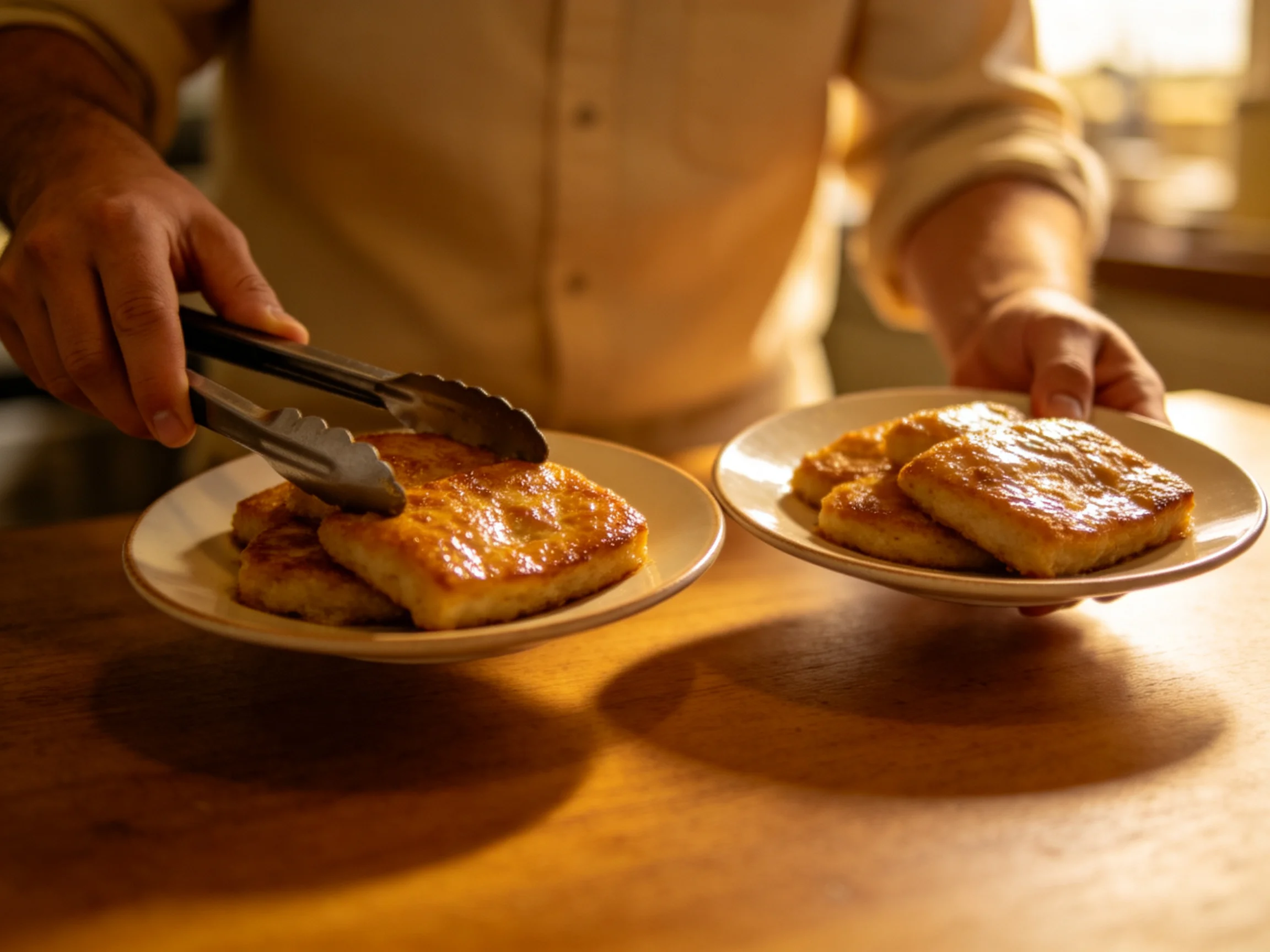 Chef transferring golden-brown pastries between two white plates with metal tongs