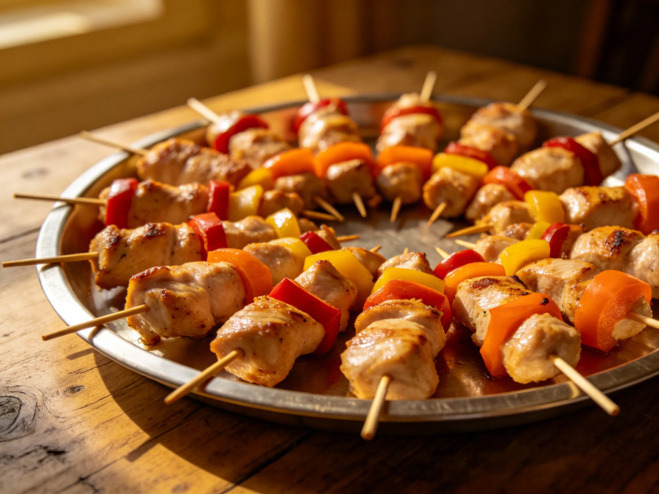 Chicken and multicolored pepper skewers on a metal tray