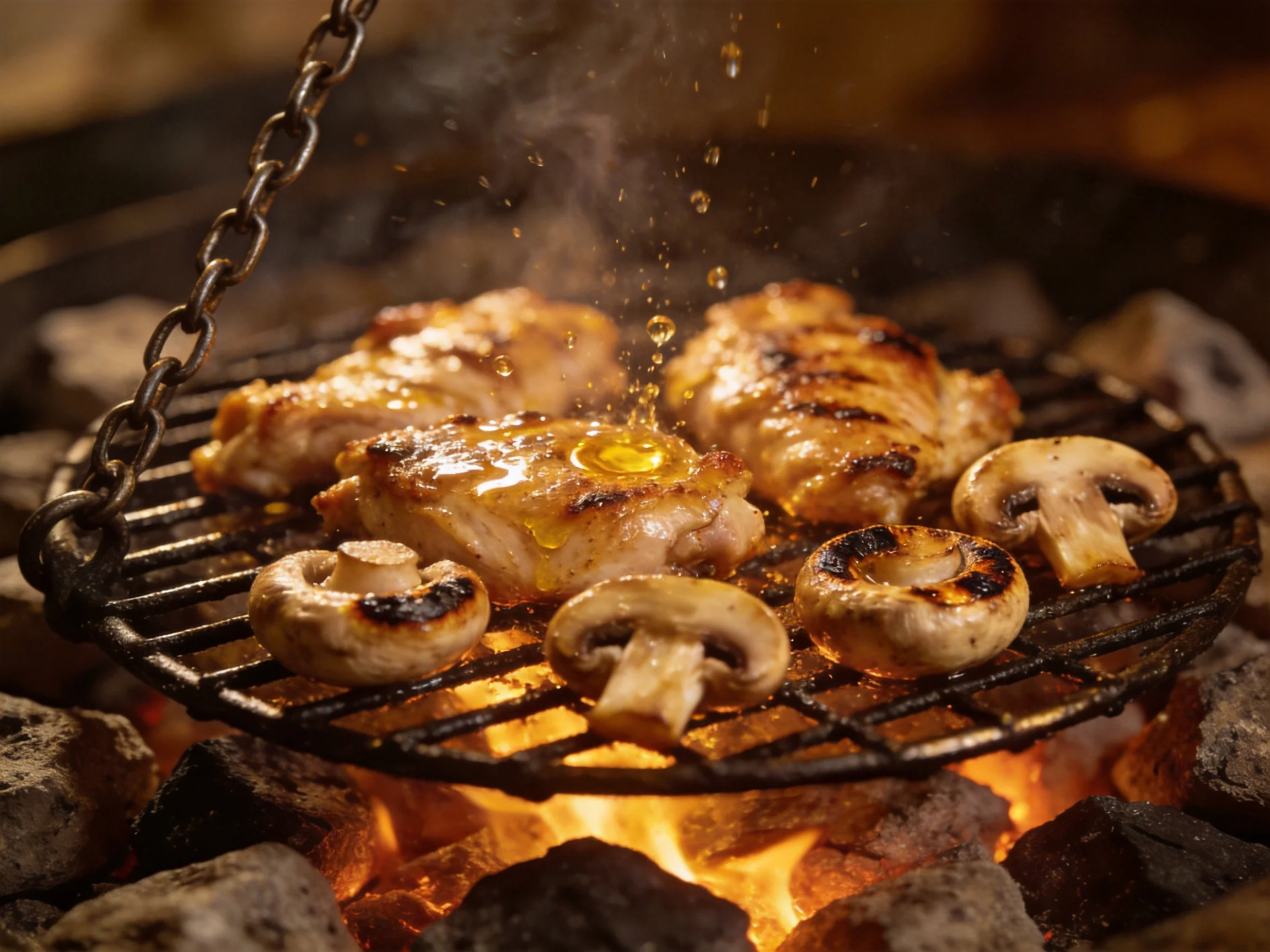 Chicken and mushroom pieces grilling over bright flames