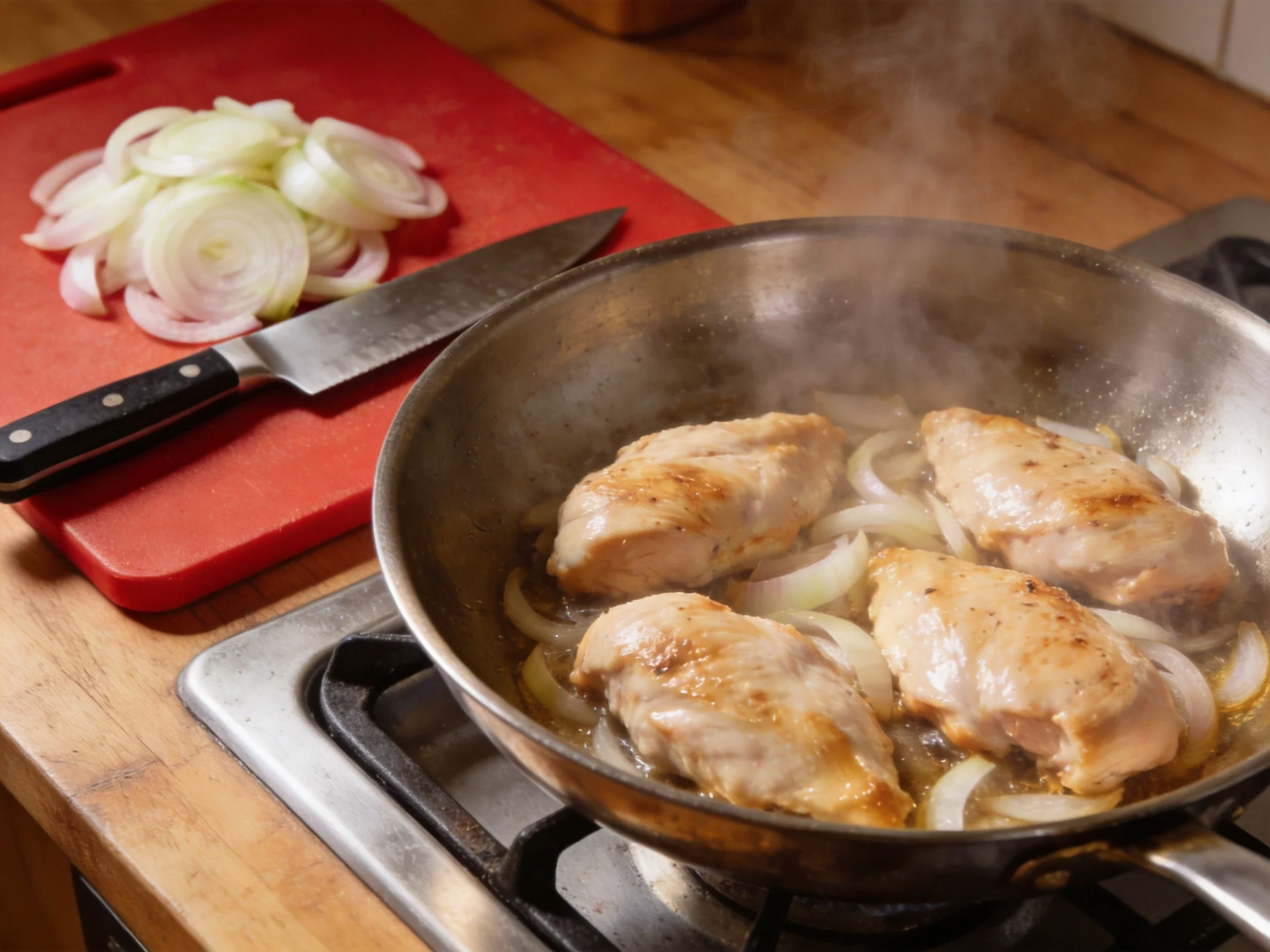 Chicken and onions cooking in a skillet near a red cutting board
