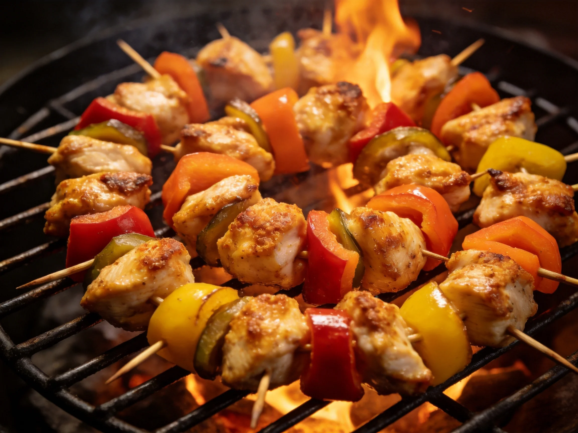 Chicken and pepper skewers grilling over bright flames
