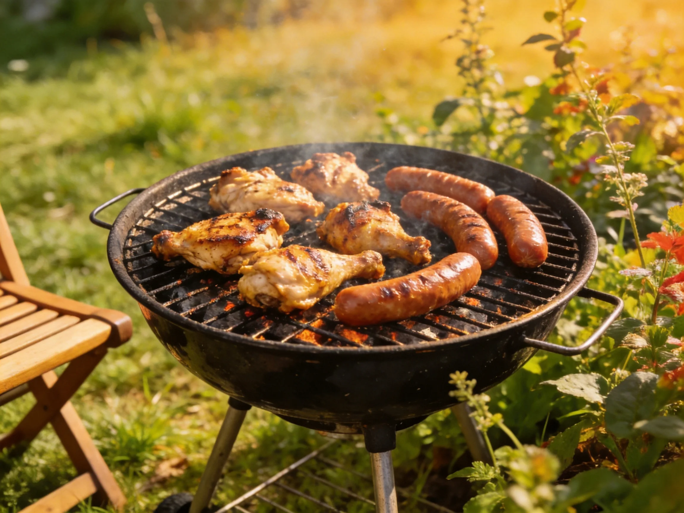 Chicken and sausages grilling on a blackcharcoal barbecue in a sunny garden