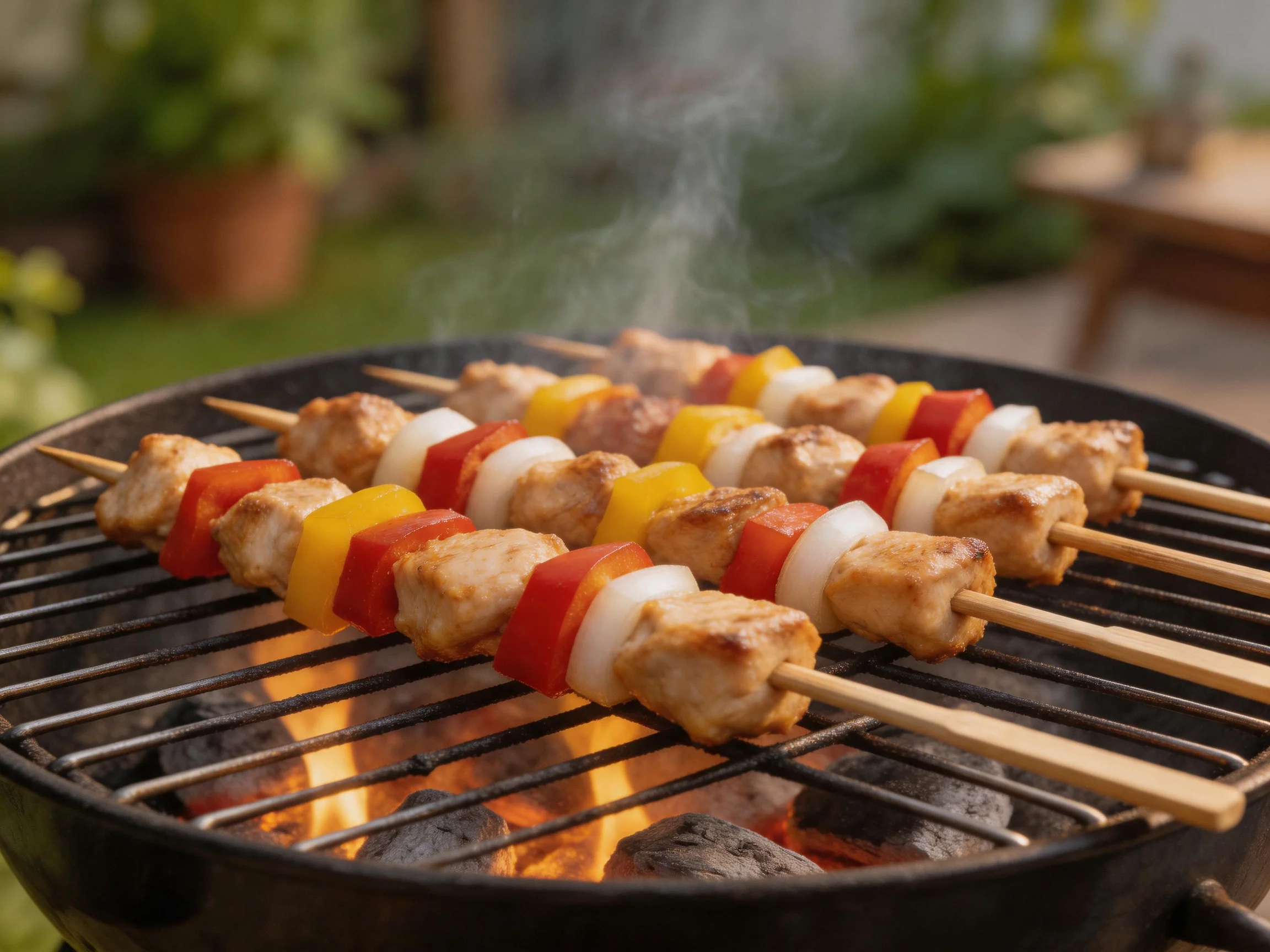 Chicken and vegetable kebabs grilled over charcoal in a backyard