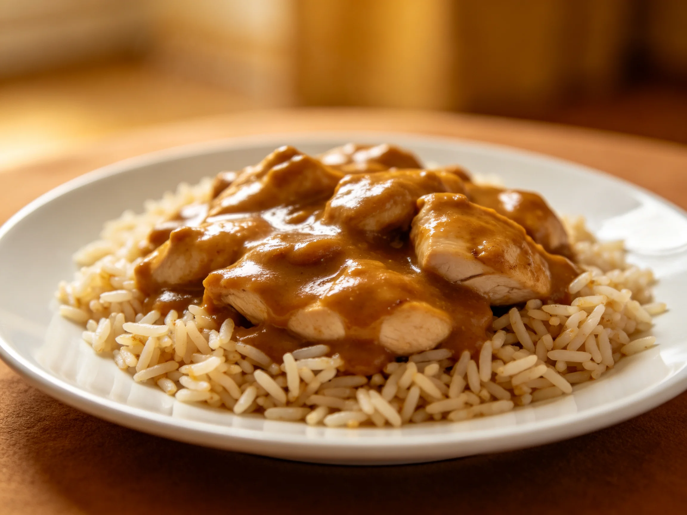 Chicken curry over brown rice served on a white plate
