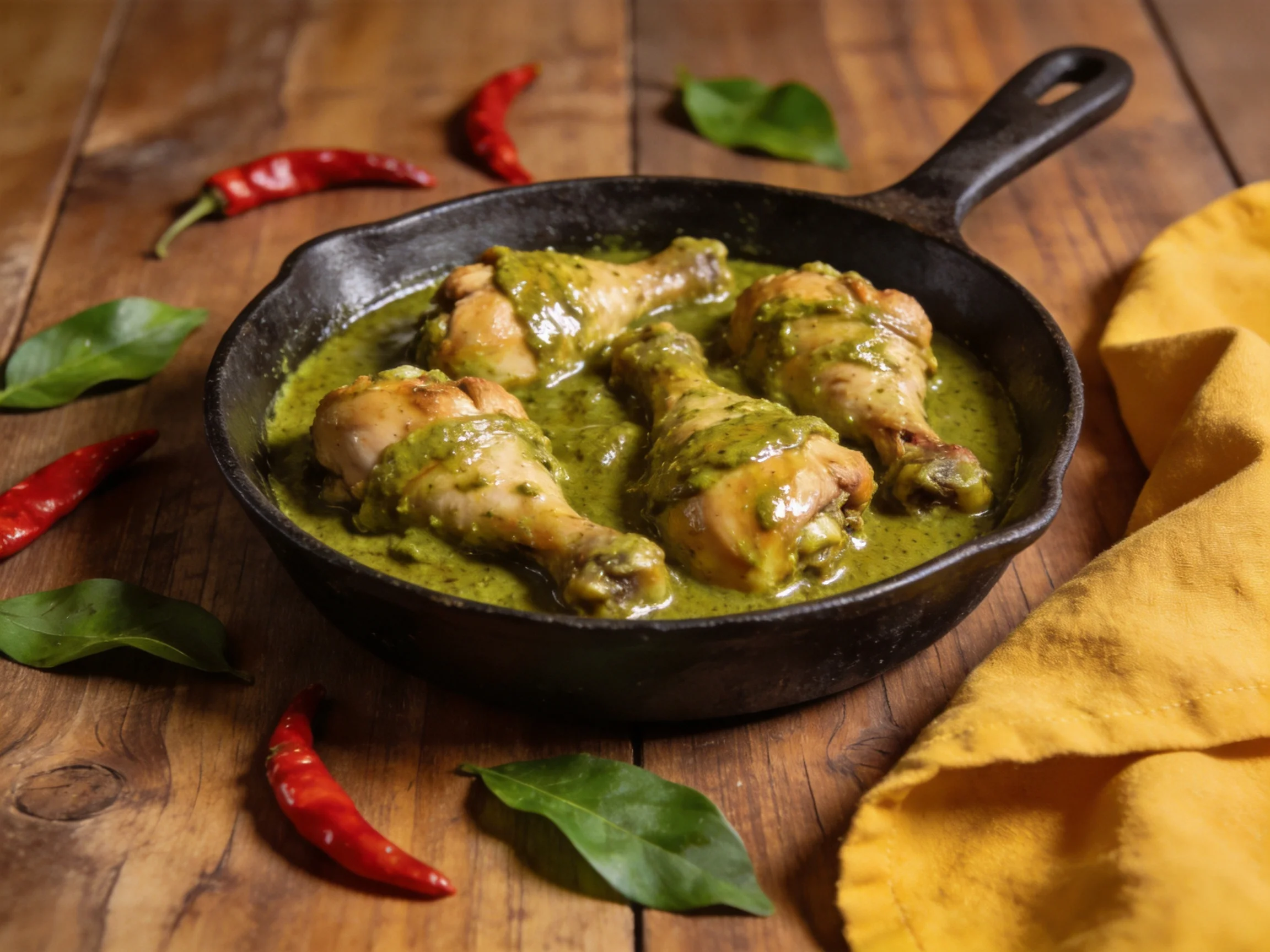 Chicken drumsticks in green curry sauce with chili peppers on wooden table
