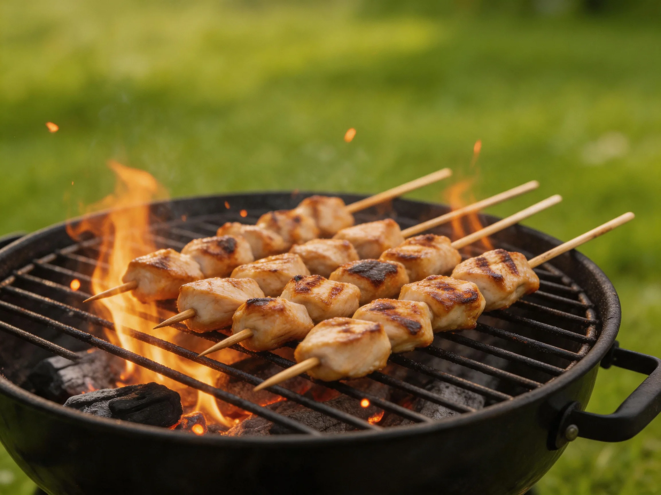 Chicken skewers grilled over bright flames on a charcoal barbecue