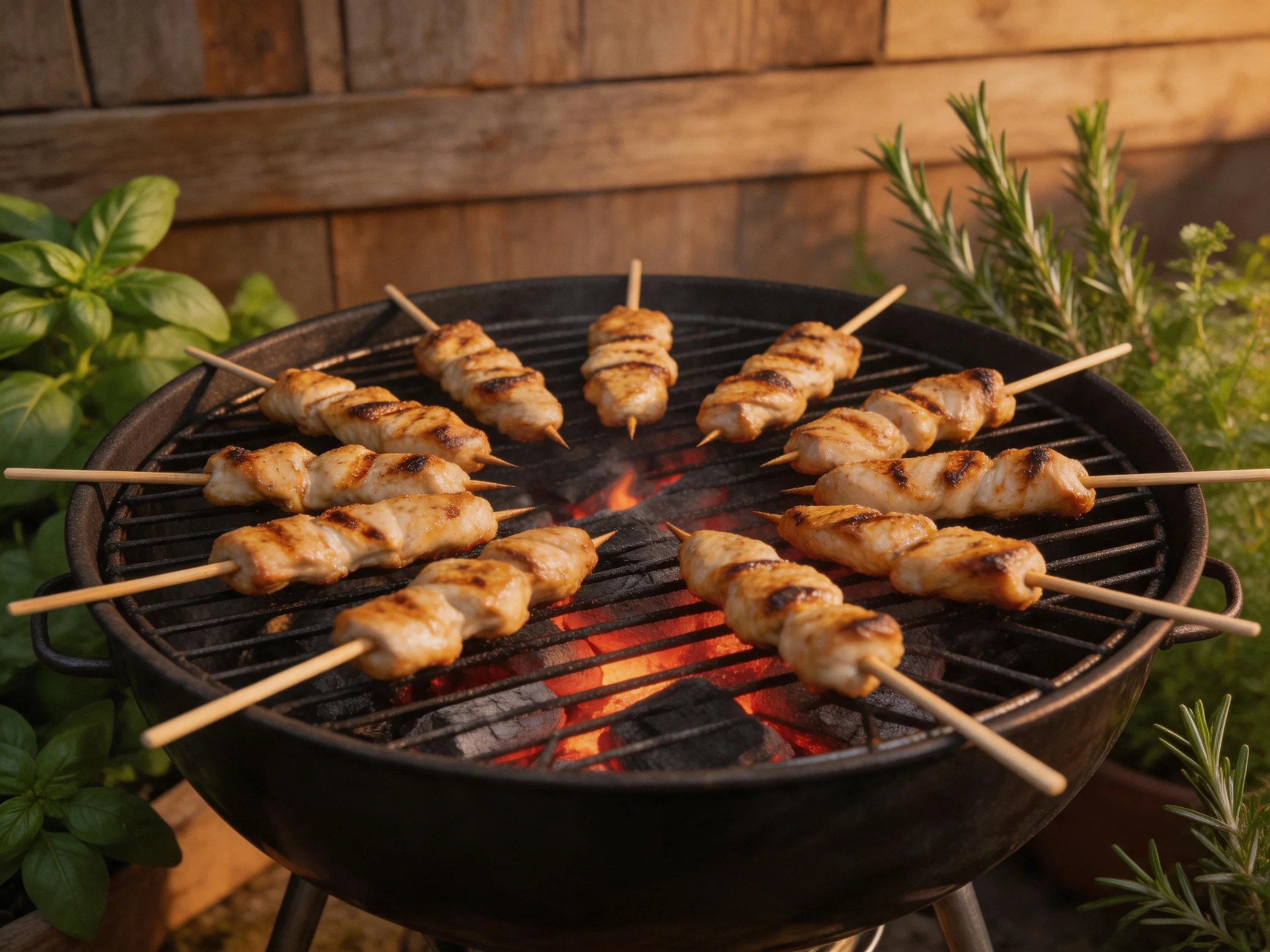 Chicken skewers grilling on a charcoal barbecue near fresh herbs