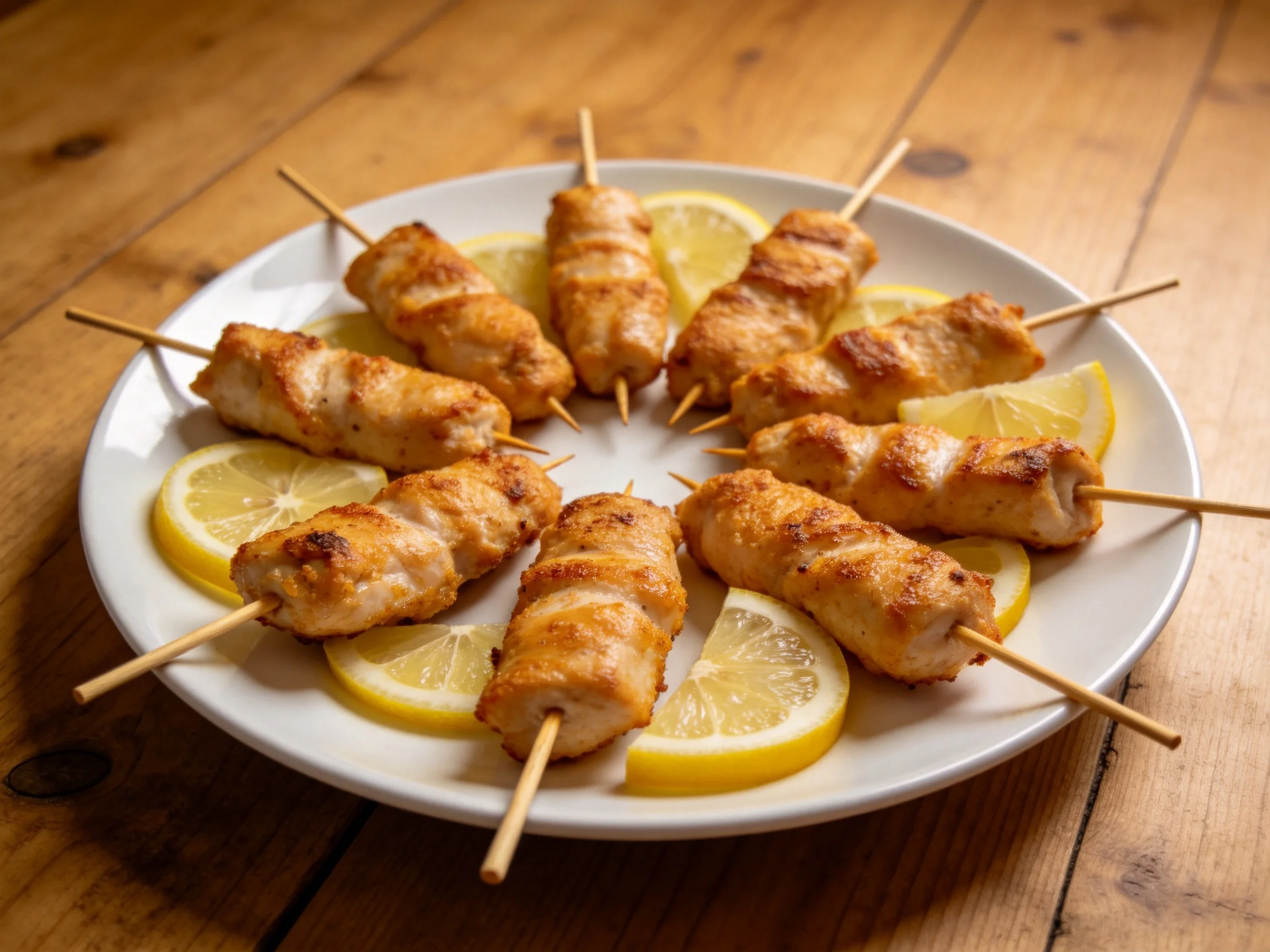 Chicken skewers served with lemon slices on a white plate