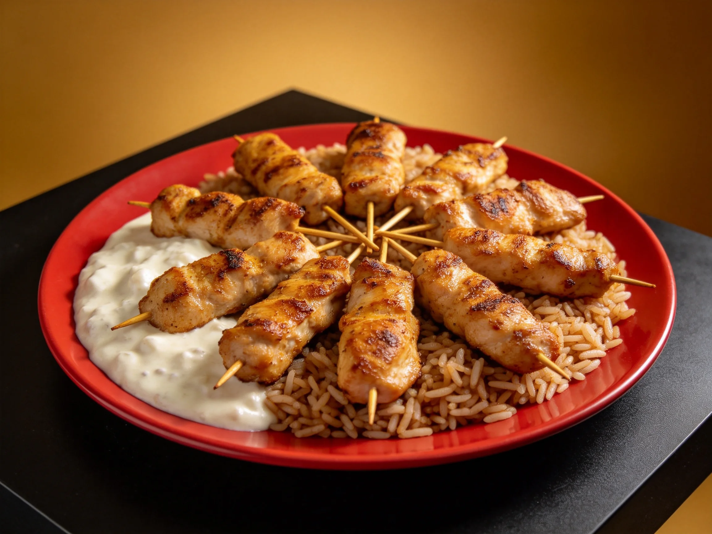 Chicken skewers with rice and white sauce on a red plate