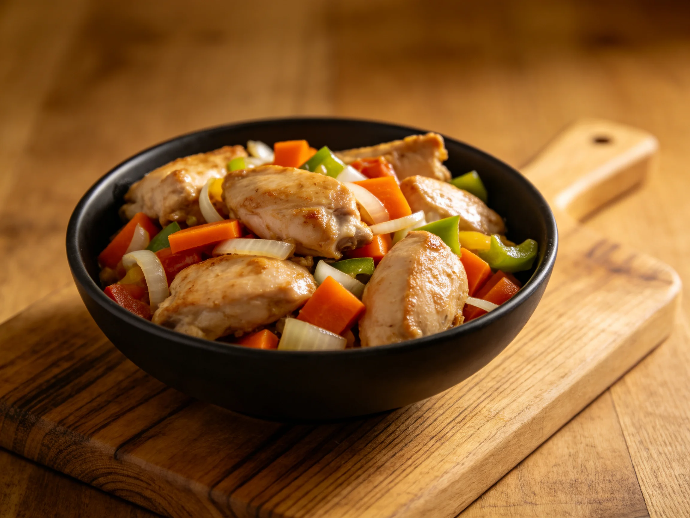 Chicken stir - fry with colorful vegetables in a black skillet