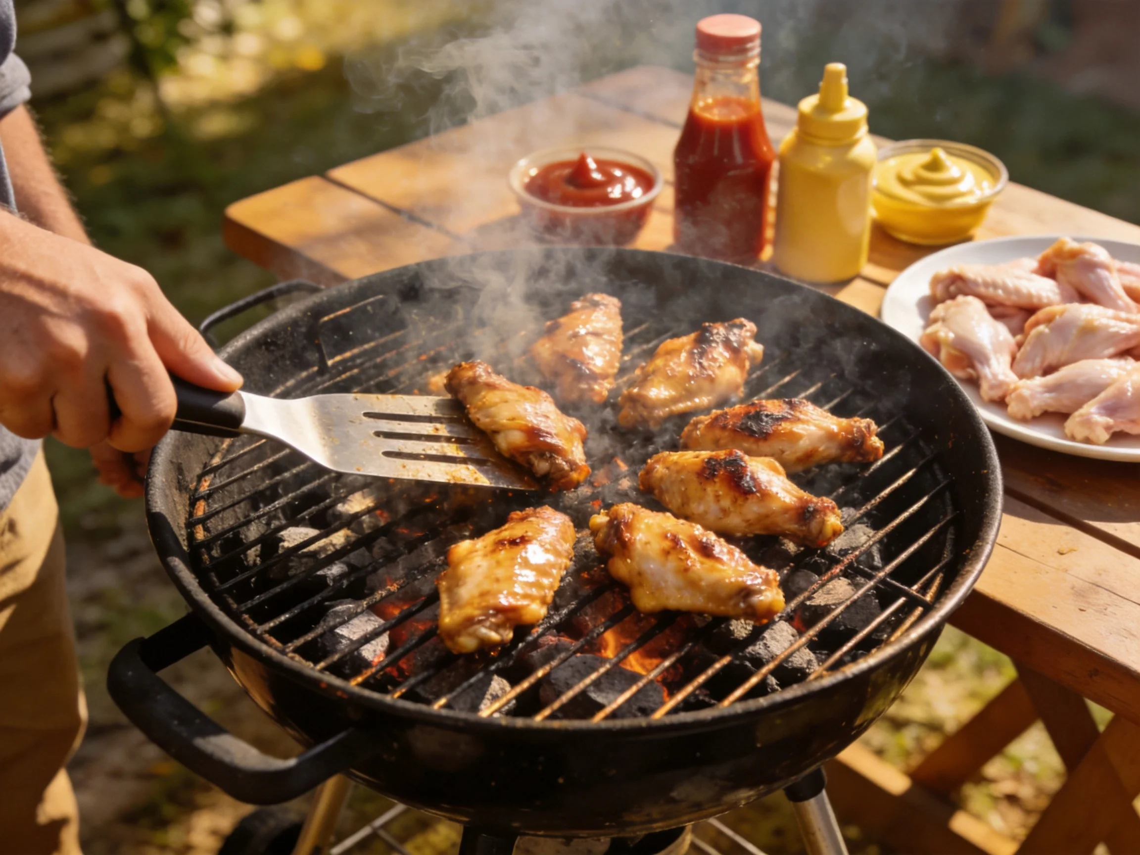 Chicken wings grilled over charcoal with condiments nearby